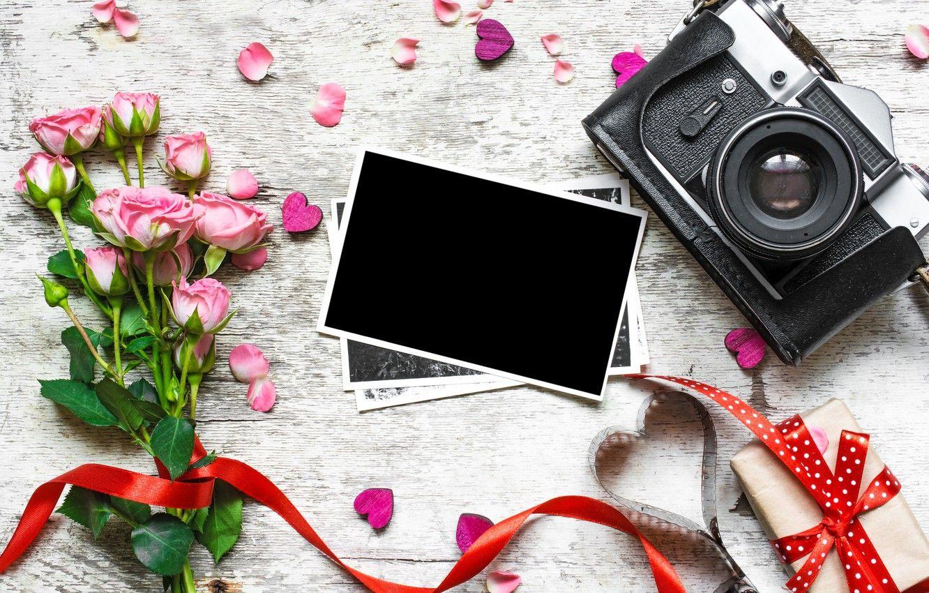 1332x850 Wallpaper flowers, photo, roses, bouquet, camera, frame, gifts, hearts, love, vintage, photo, wood, pink, camera, romantic, hearts image for desktop, section праздники