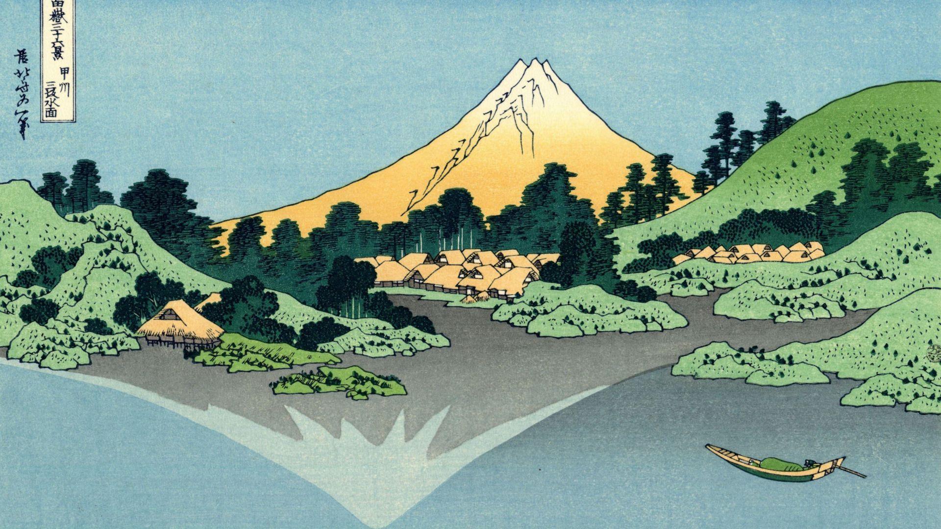 1920x1080 Desktop wallpaper village, mountain, coast, japanese art, HD image, picture, background, 3b6004
