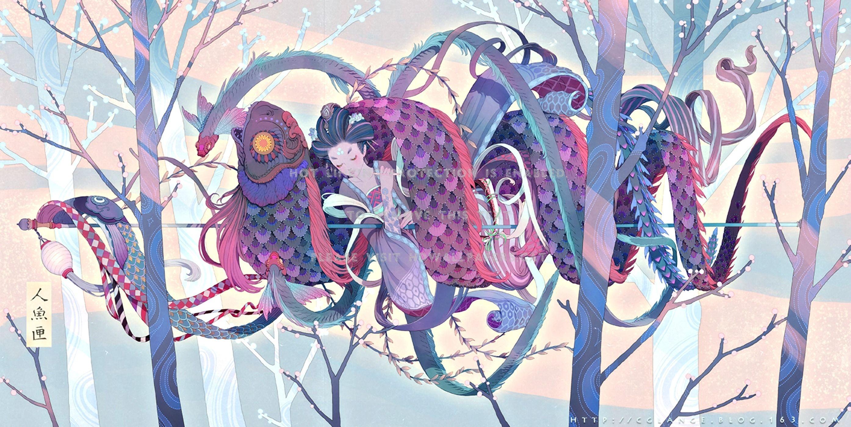 2789x1400 dragon snake fish japanese chinese blue art