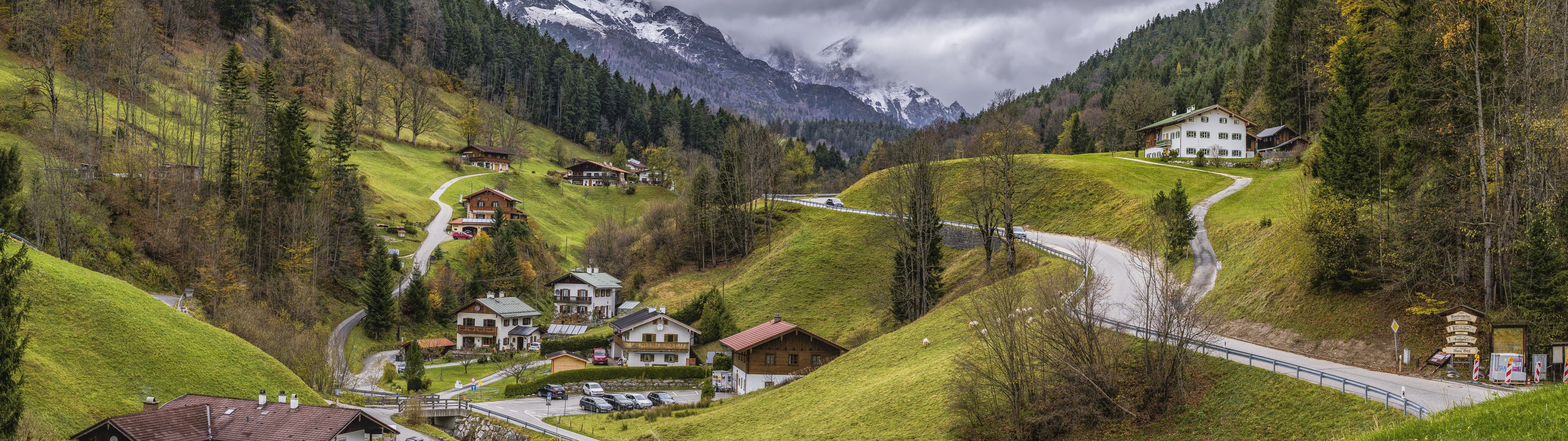 7680x2160 Download 7680x2160 Mountain, Field, Hills, Buildings, Cloud Wallpaper