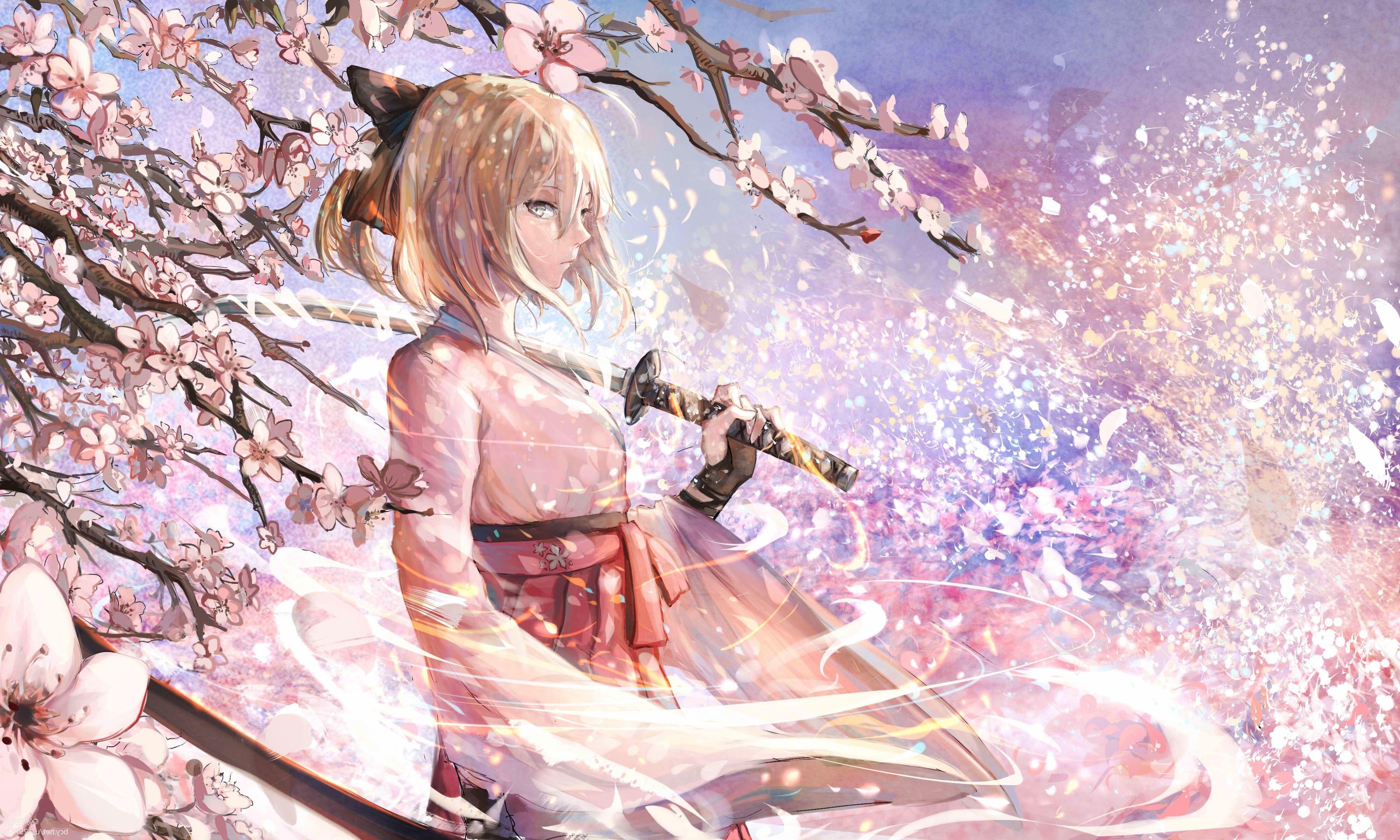 4000x2400 anime, Anime Girls, Fate Grand Order, Saber, Cherry Blossom, Sword