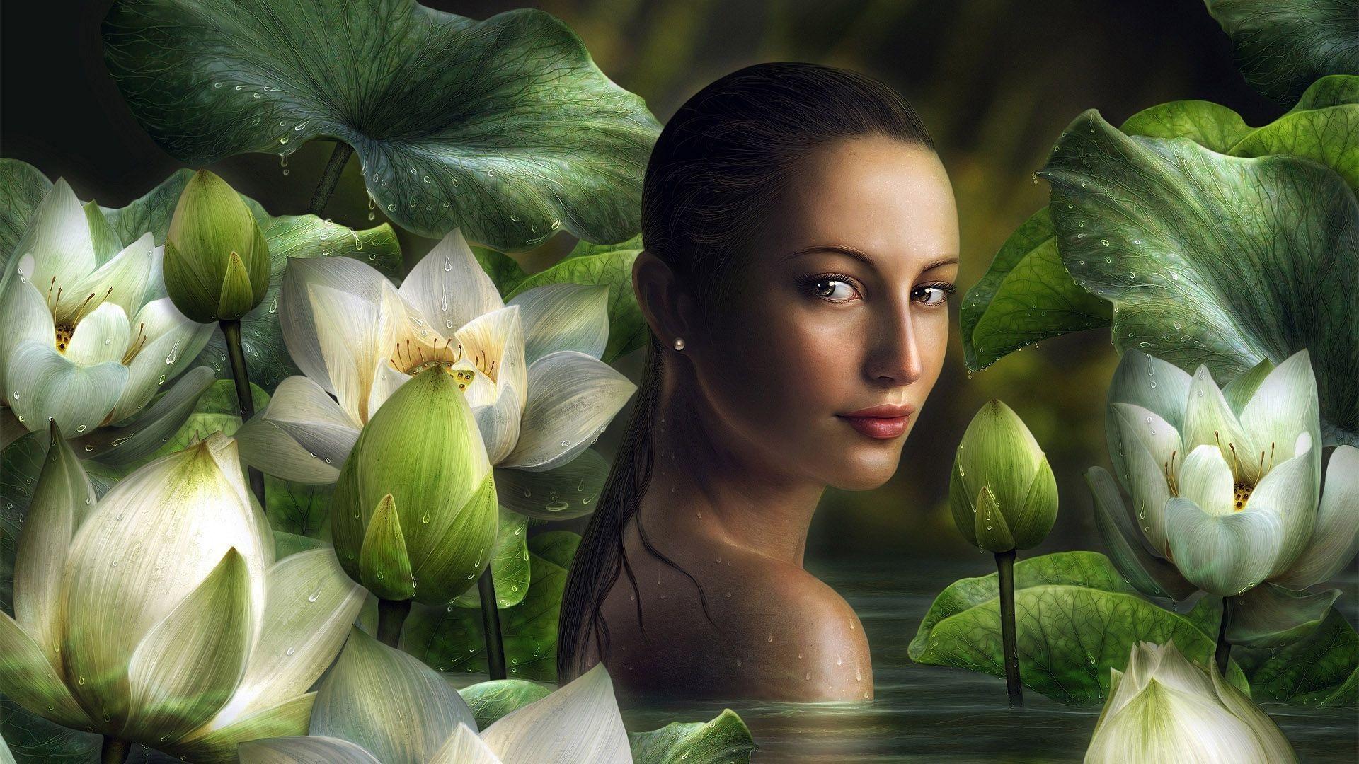 1920x1080 Fantasy Girl Pond Wallpaper