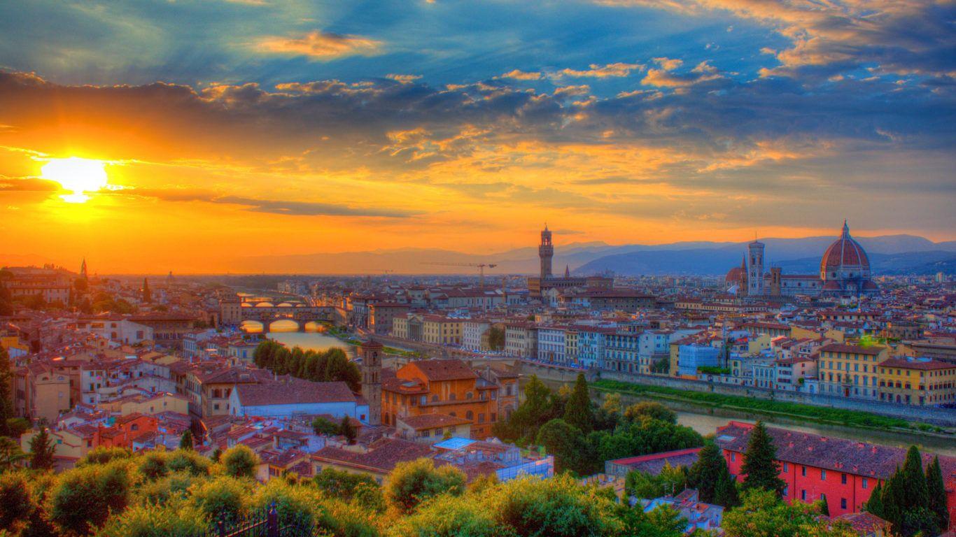 1366x768 Piazzale Michelangelo Plaza In Florence Italy Sunset Landscape Photo Wallpaper HD :