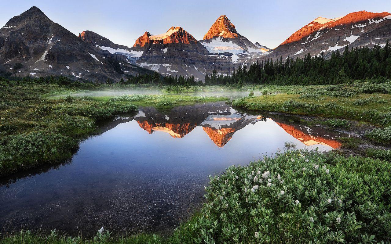 1280x800 HD Nature Wallpaper: Snowy Mountains Meadows Reflection on River HD Wallpaper