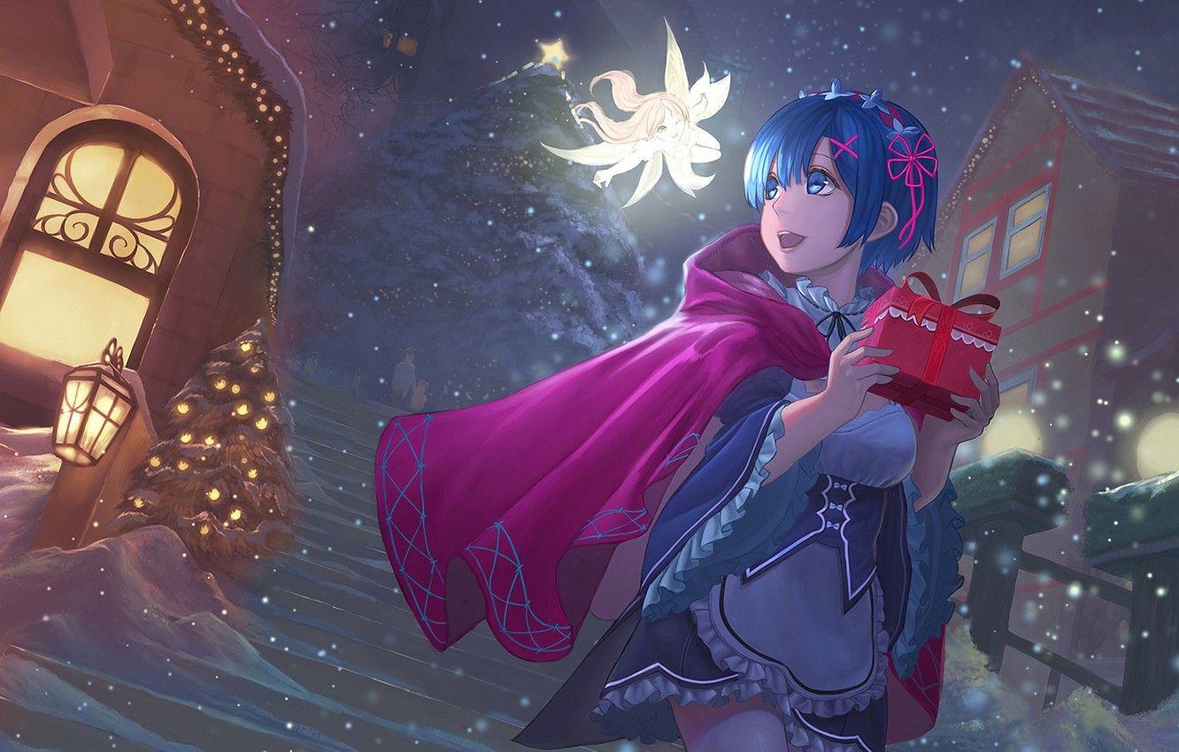 1332x850 Wallpaper girl, snow, decoration, gift, star, fairy, anime, art, Christmas tree, rem, re zero kara hajime chip isek or seikatsu image for desktop, section прочее