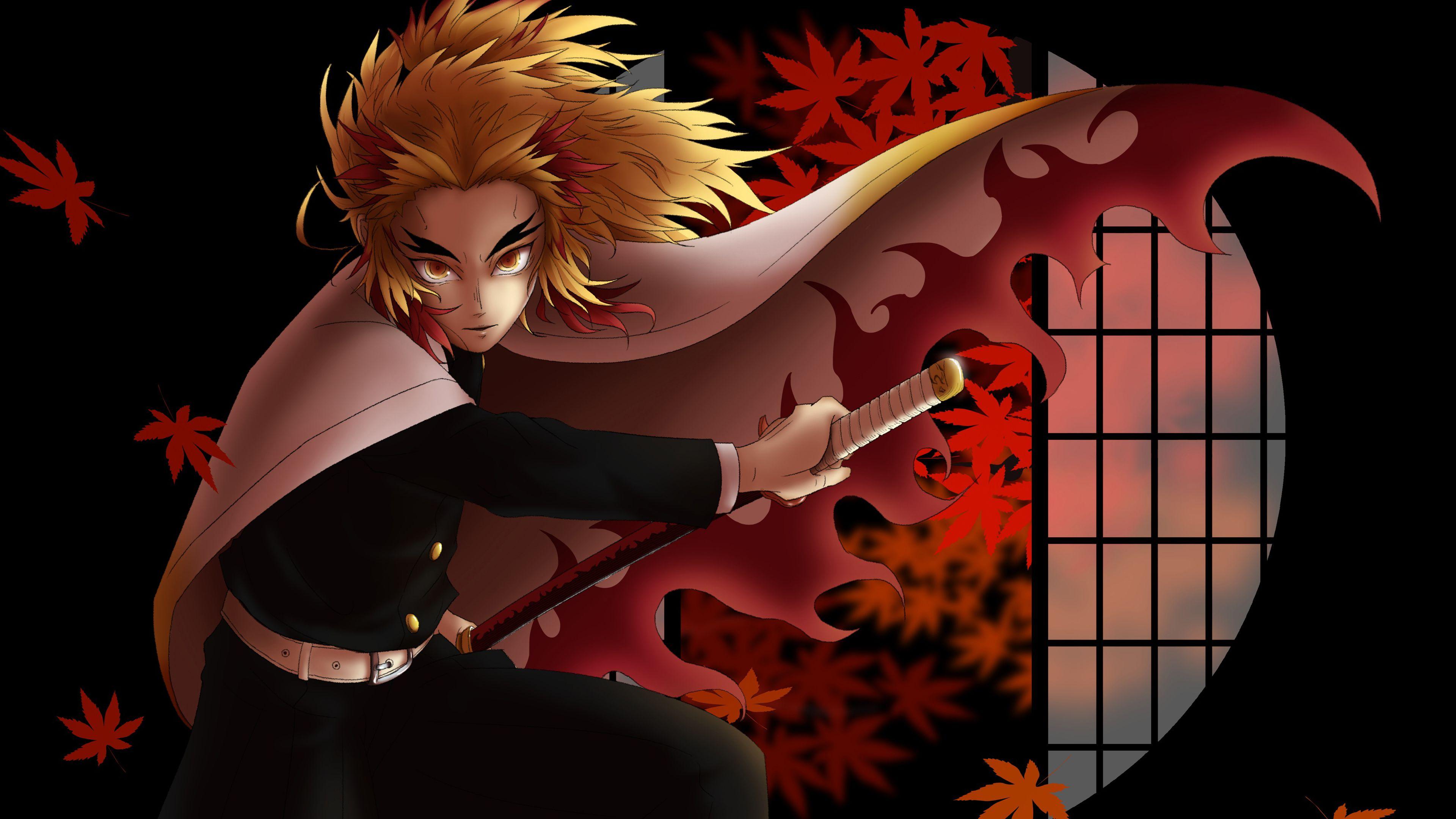 3840x2160 Demon Slayer Kyojuro Rengoku With Sword With Background Of Window Red Leaves And Black 4K HD Anime Wallpaper