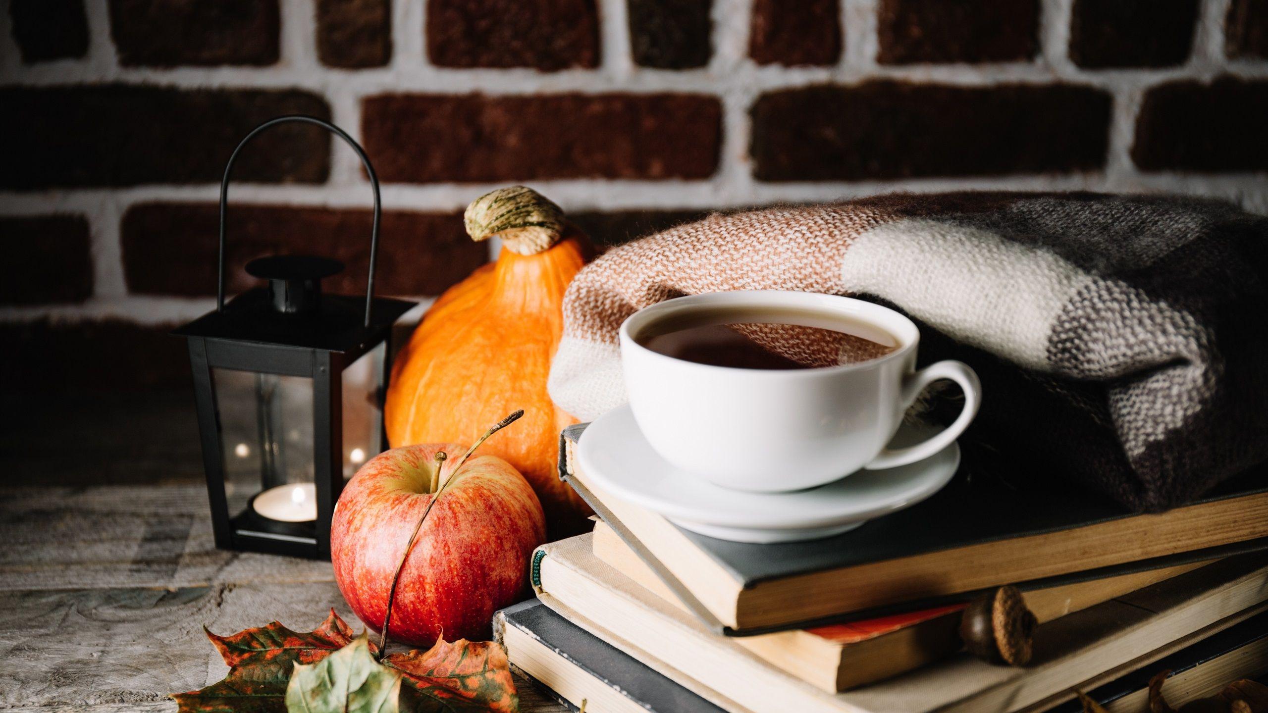 2560x1440 Wallpaper Books, cup, coffee, apple, lamp, leaves 2880x1800 HD Picture, Image