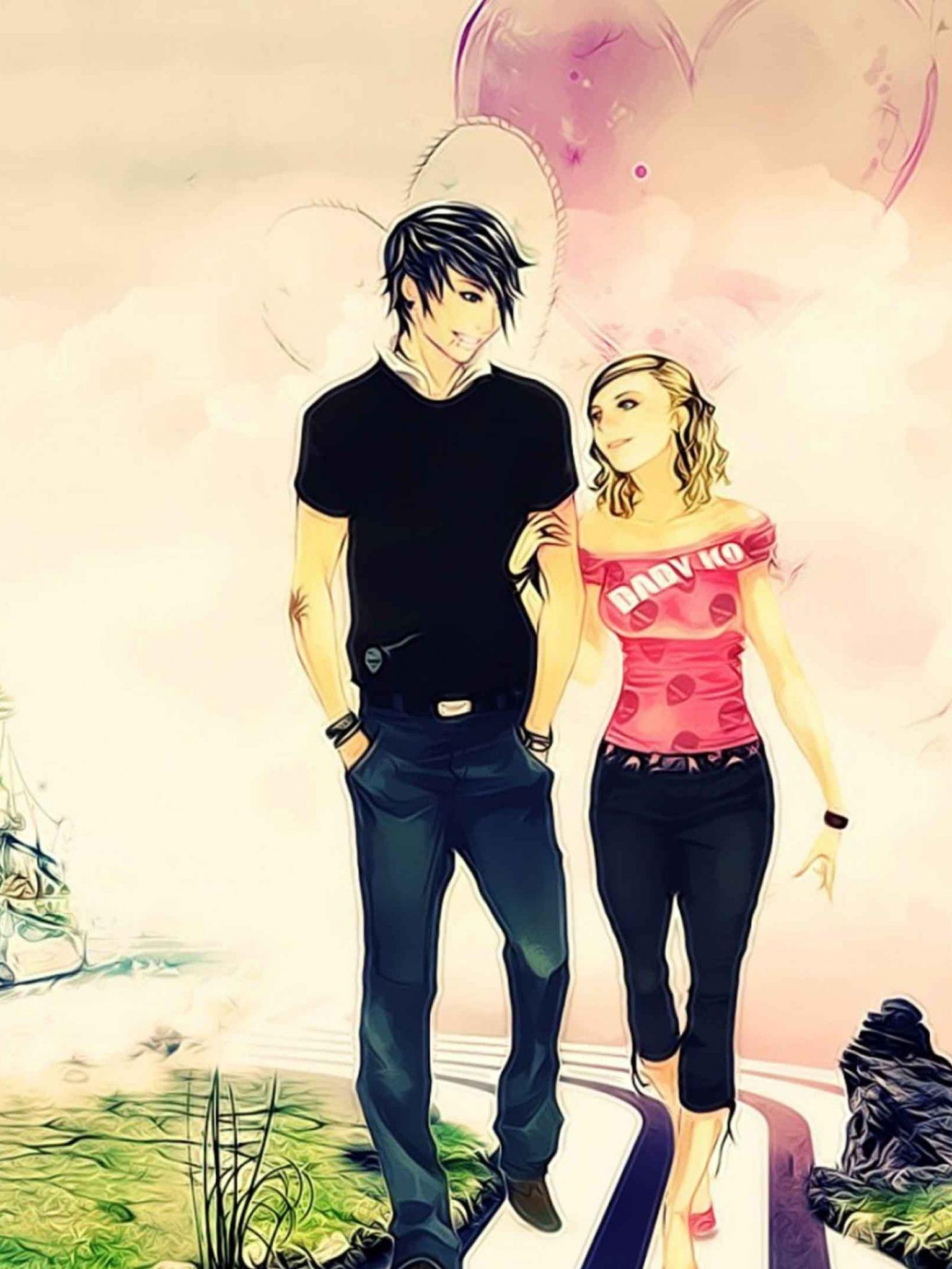 1536x2048 Love Cartoon Couple Wallpaper