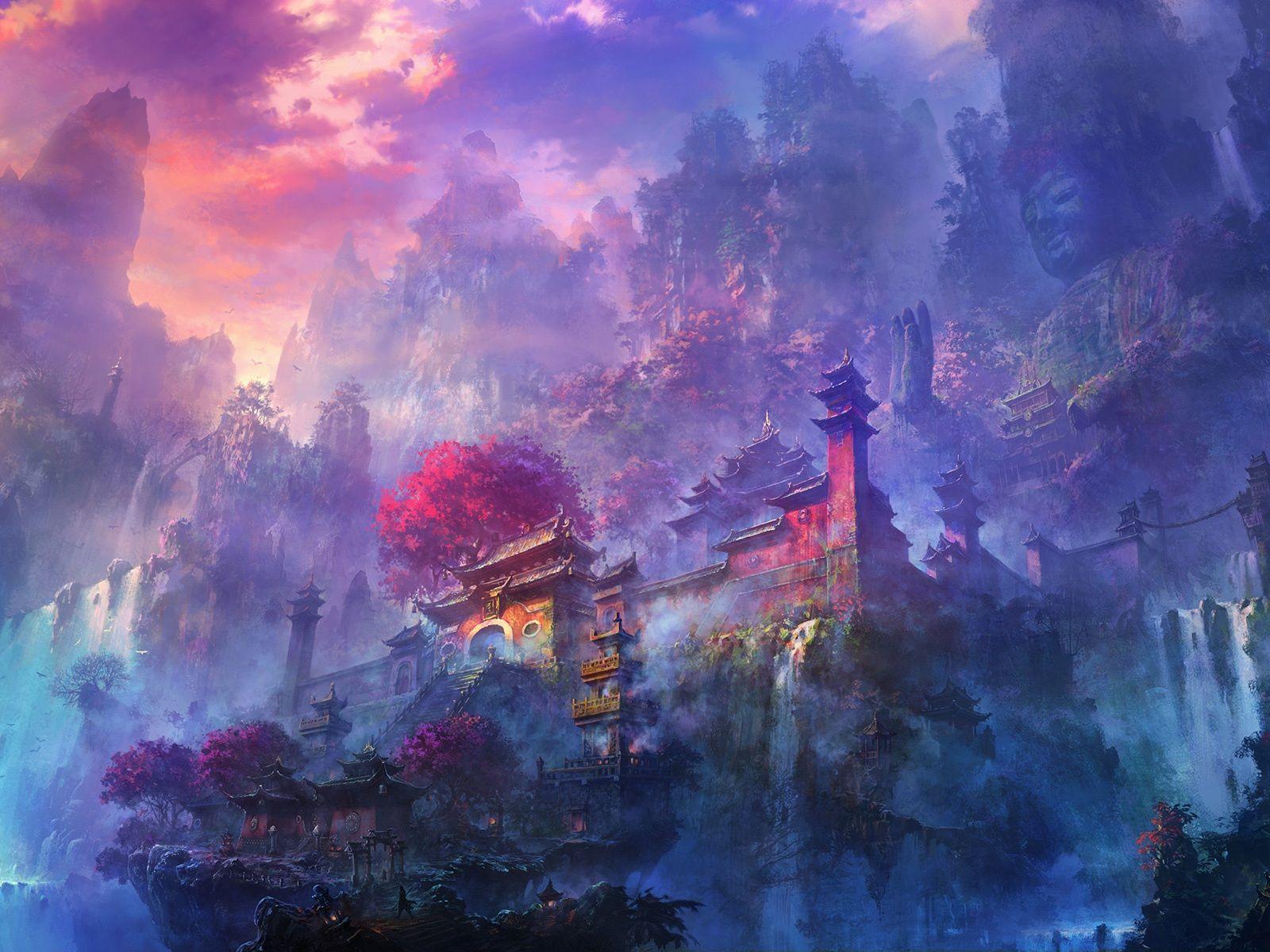 1600x1200 Wallpaper Exquisite watercolors, morning mist mountain temple and waterfalls 1920x1200 HD Picture, Image