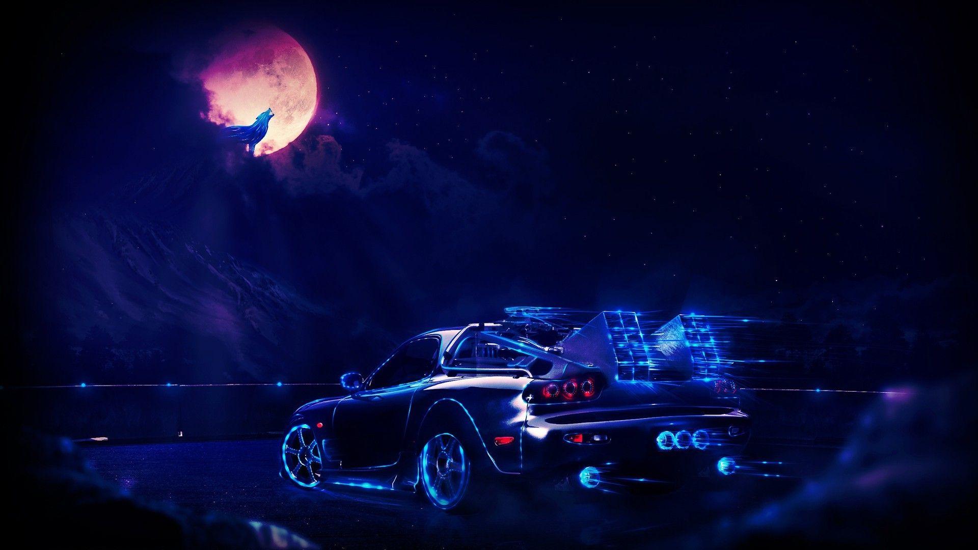 1920x1080 Car Neon Moon Wolf Back To The Future Digital Art Vehicle Blue Time Machine Wallpaper:1920x1080