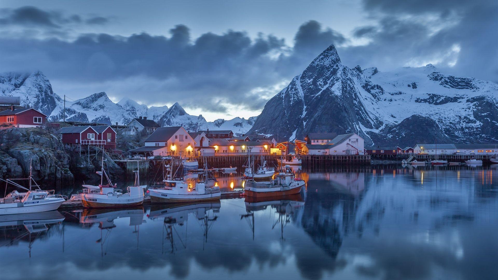 1920x1080 Wallpaper Norway, pier, boats, houses, mountains, snow, winter, night 1920x1200 HD Picture, Image