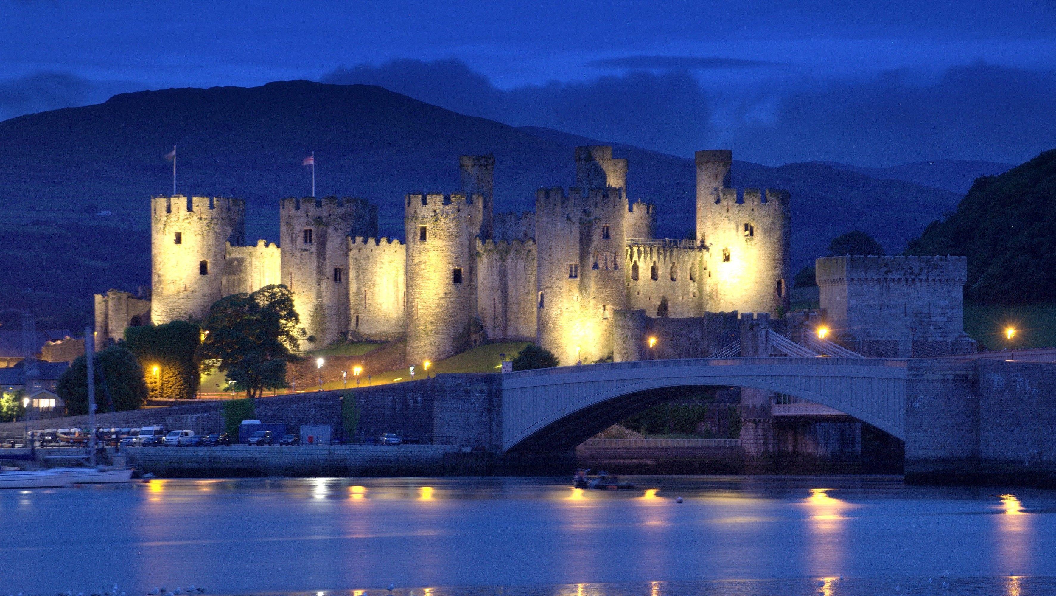 3545x2000 castle, Bridge, River, Evening, Lights, Artificial Lights, Landscape, Wales, UK Wallpaper HD / Desktop and Mobile Background