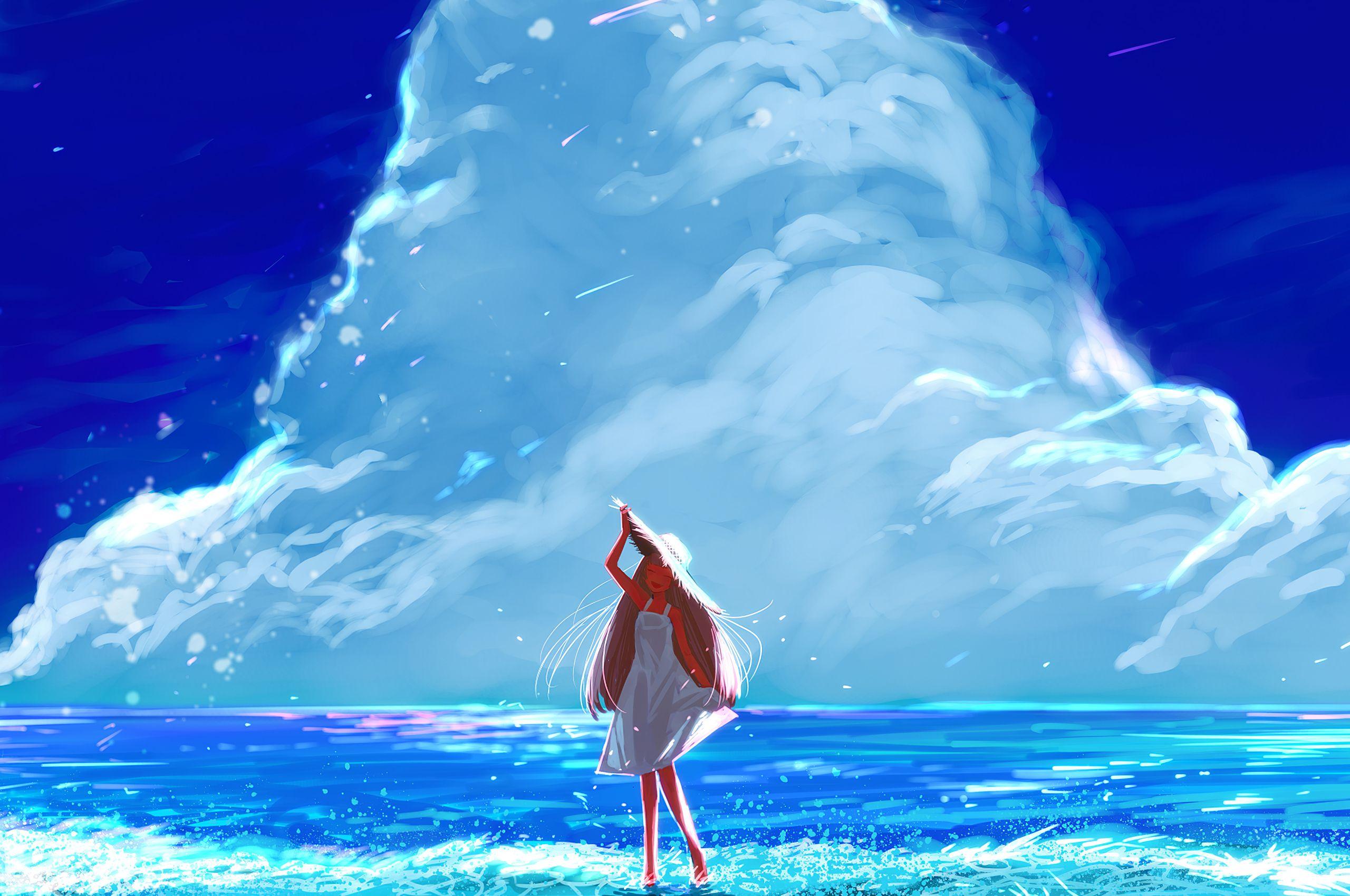 2560x1700 Anime Girl Beach Happy Long Hair Clouds 4k Chromebook Pixel HD 4k Wallpaper, Image, Background, Photo and Picture