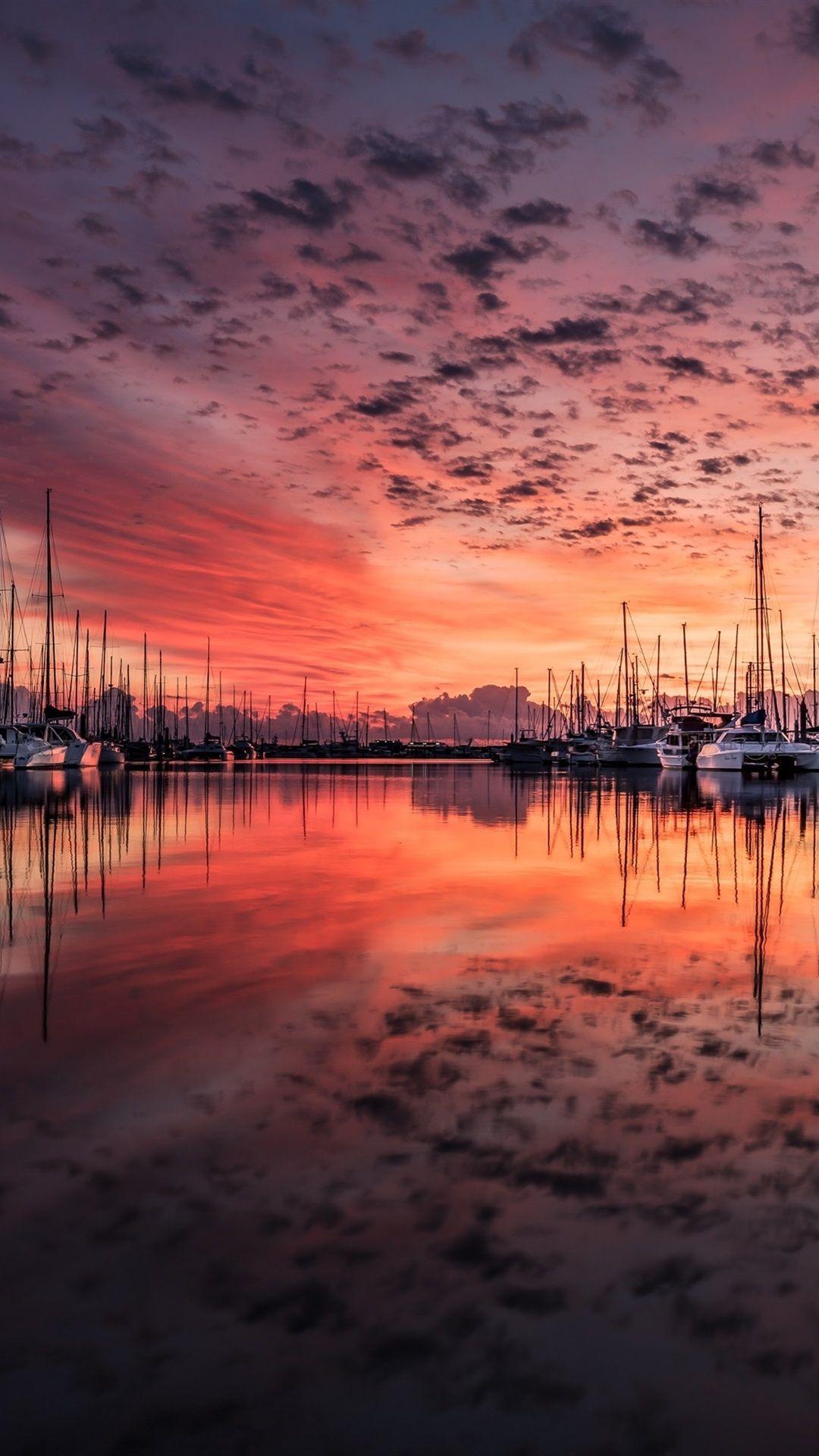 1080x1920 Dock, Yachts, Red Sky, Sunset, Lake 1080x1920 IPhone 8 7 6 6S Plus Wallpaper, Background, Picture, Image