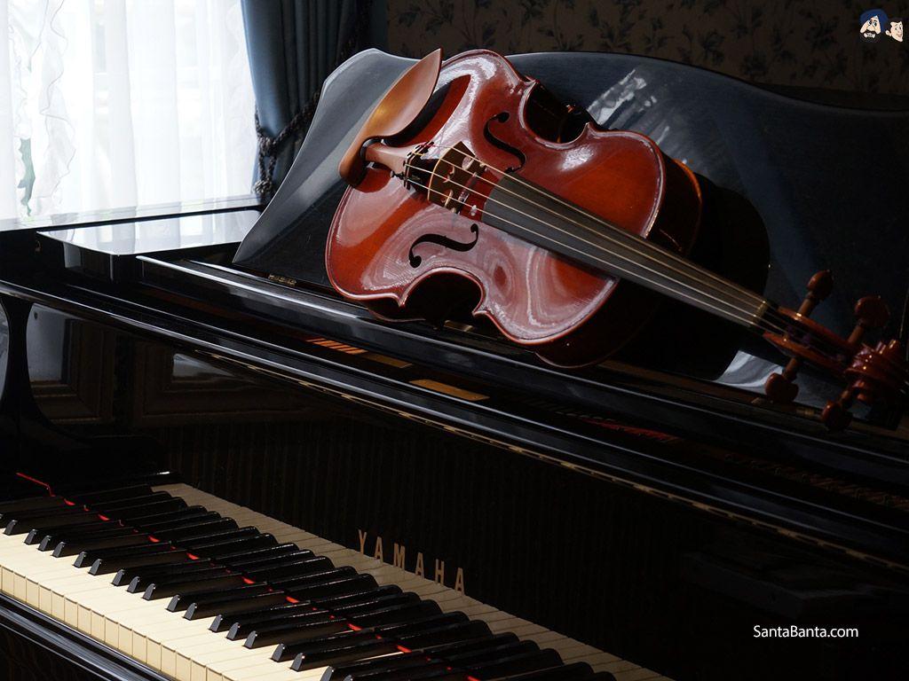 1024x768 A guitar rests on a beautiful Yamaha piano