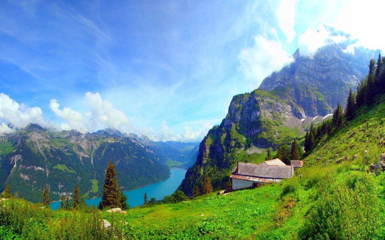 1600x1000 nature, Landscape, Mountain, Forest, Lake, Grass, Cottage, Clouds, Trees, Summer Wallpaper HD / Desktop and Mobile Background