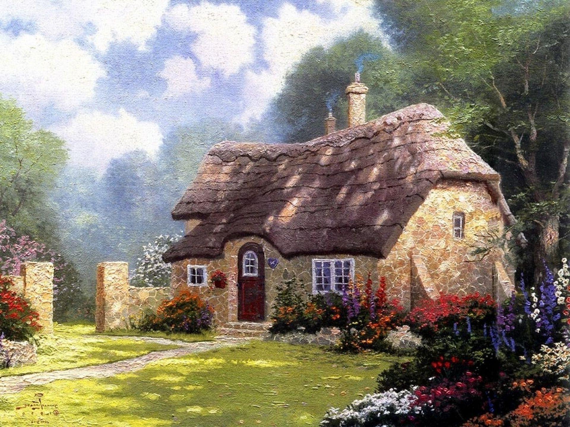 1920x1440 Cottage in the forest summer cottage Thomas Kincade thoma wallpaper. Landscape picture, Thomas kinkade, Cross paintings