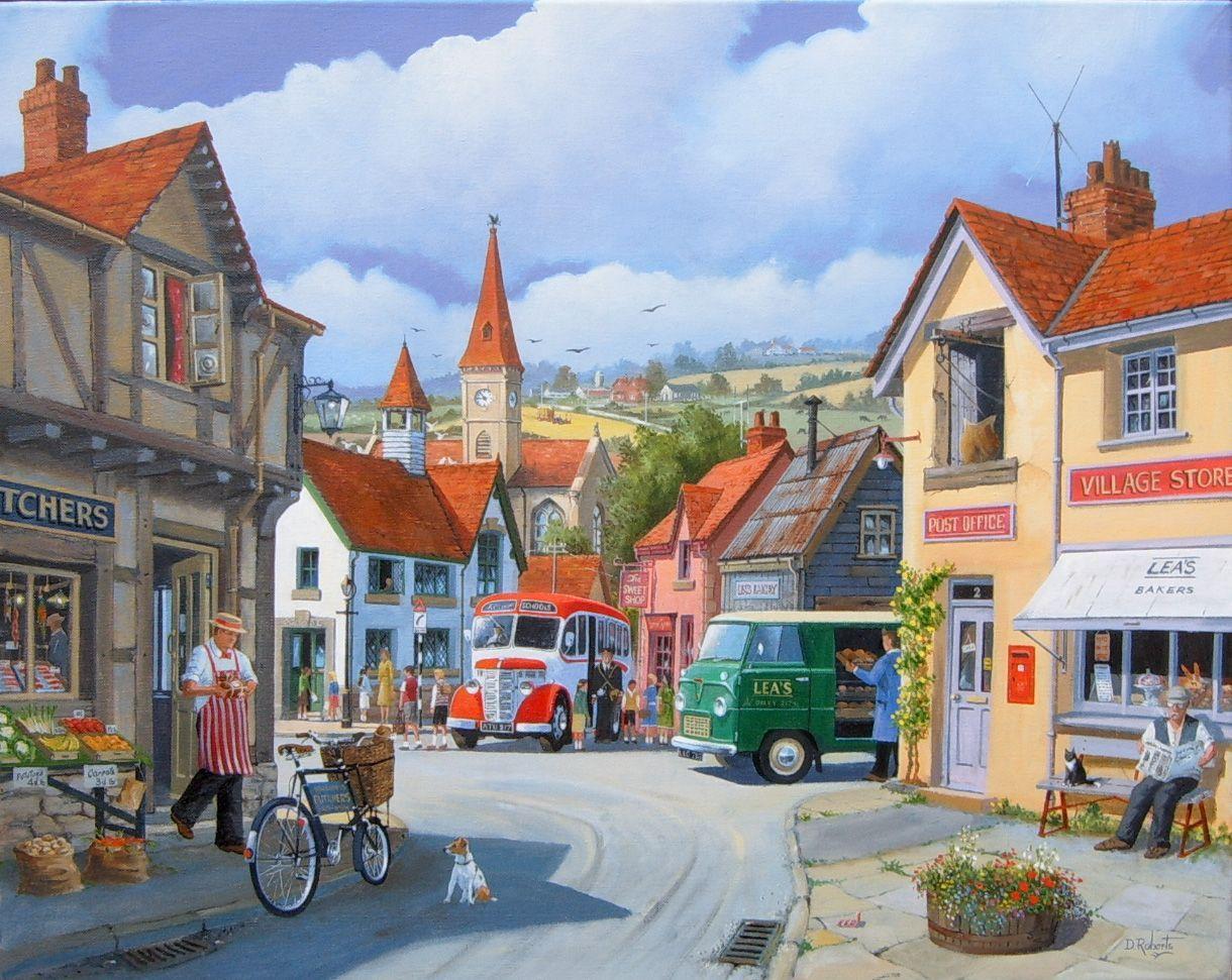 1220x971 An English village on an idyllic day in times gone by. Cottage art, Puzzle art, Nostalgic art