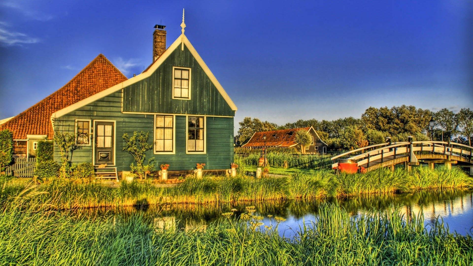 1920x1080 Village, House, Bridge, River, Grass, Sky, Summer, Hdr wallpaper JPG. City. Tokkoro.com Amazing HD Wallpaper