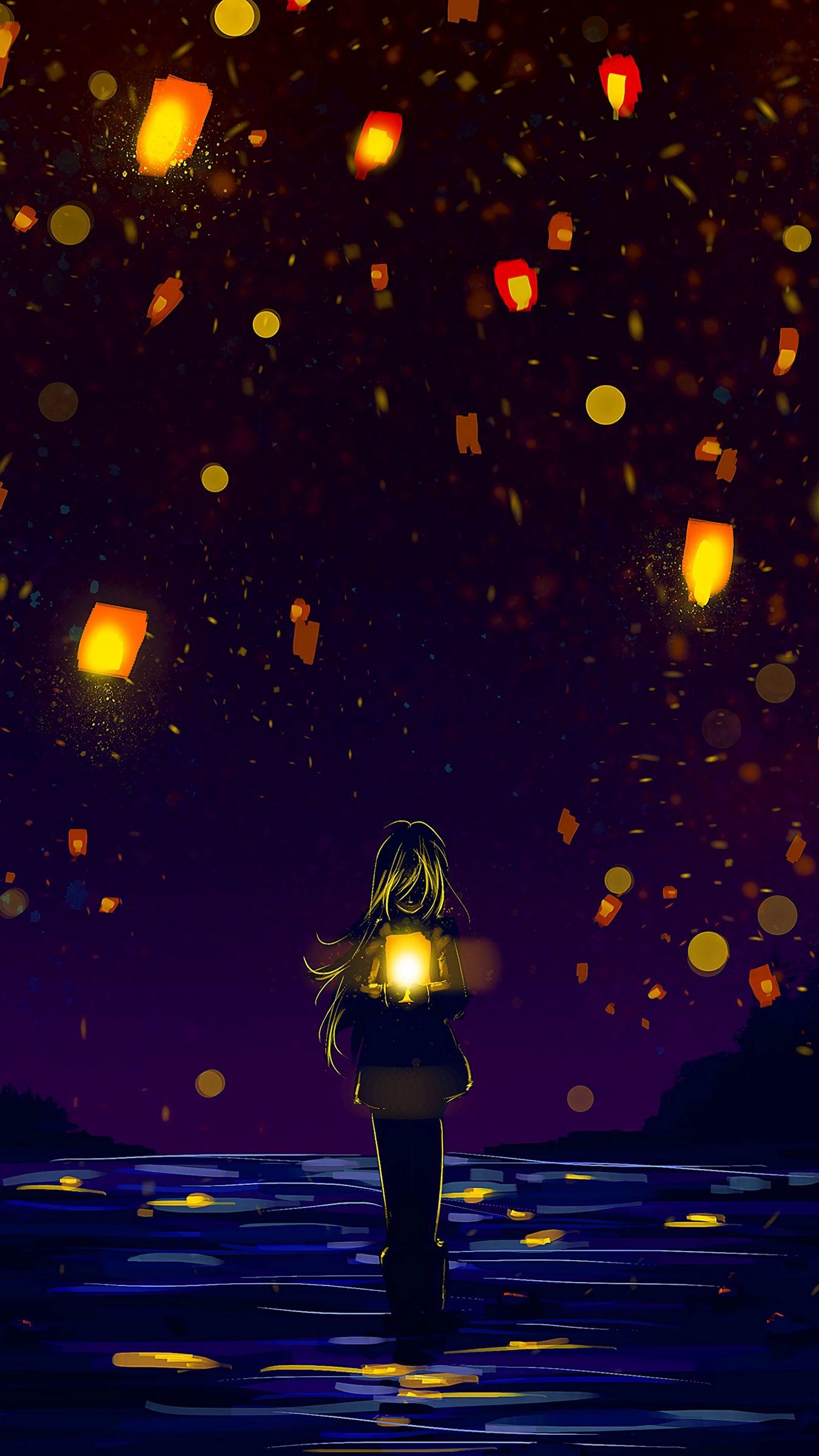 1350x2400 Wallpaper Lanterns, Silhouette, Lonely, Art, Dark Lantern Wallpaper HD