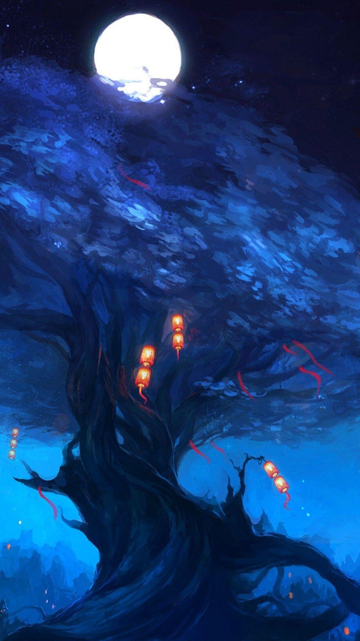 1242x2208 Artistic wallpaper in the tree in the night