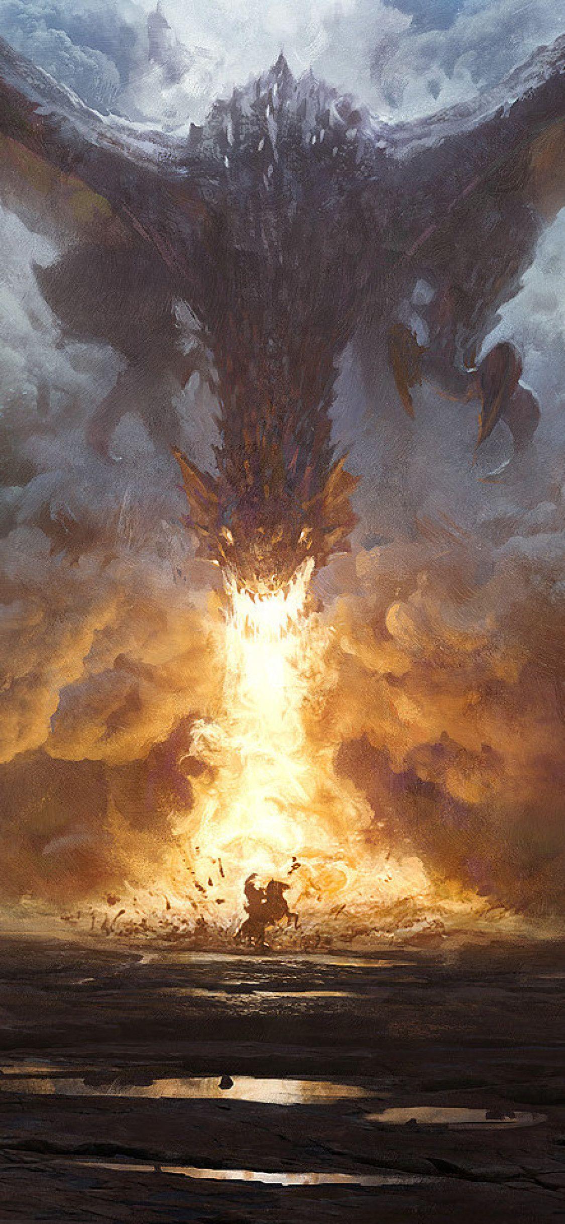 1125x2436 Dragon Breathing Fire On Shield Wallpaper & Background Download