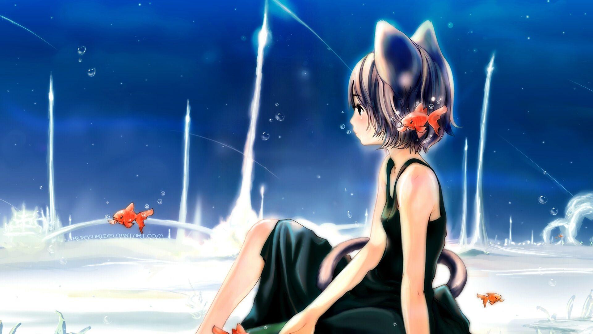 1920x1080 Download Wallpaper 1920x1080 neko, girl, fish, sea Full HD