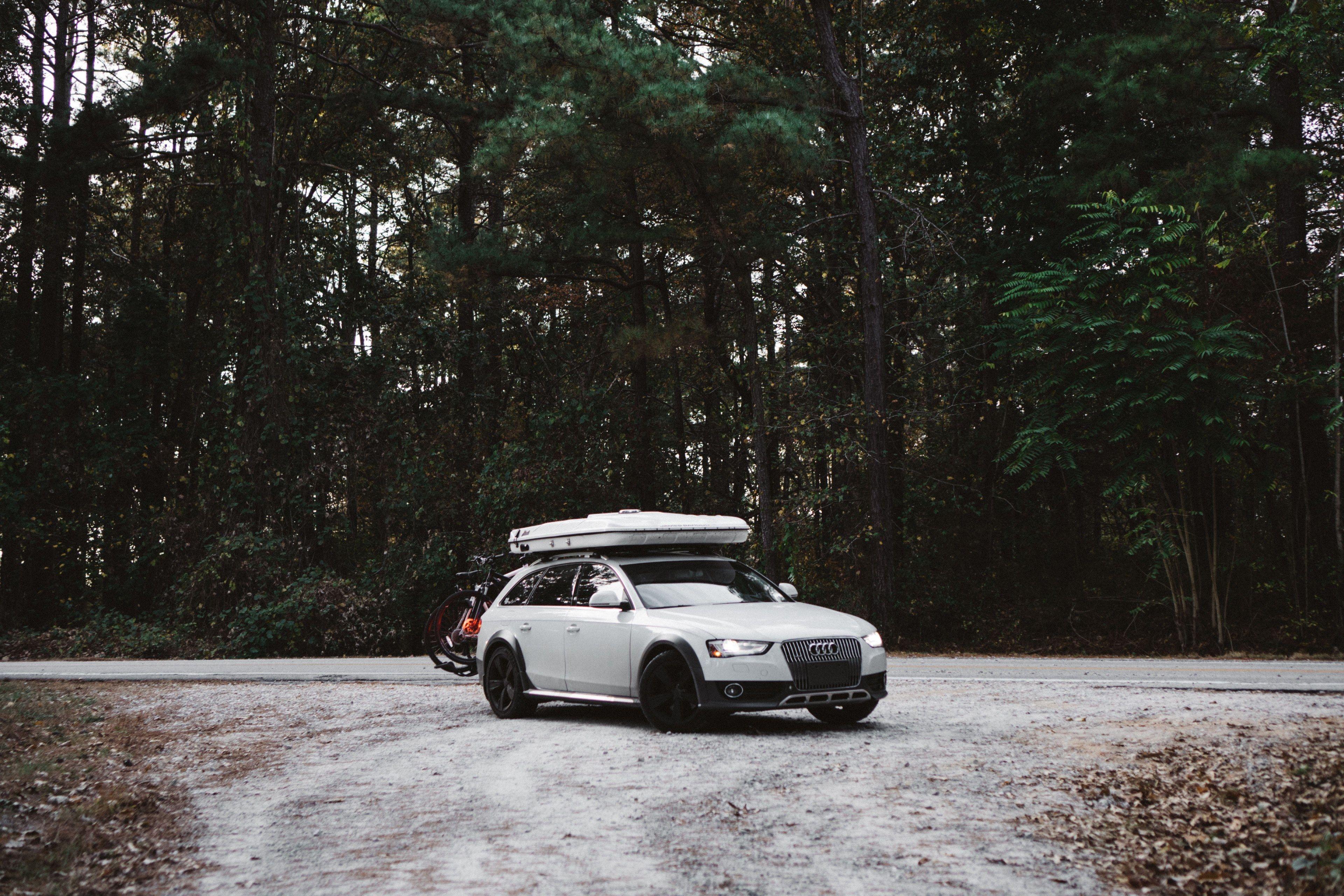 3840x2560 Wallpaper / white audi suv in a campground with luggage on the roof, _white audi suv 4k wallpaper