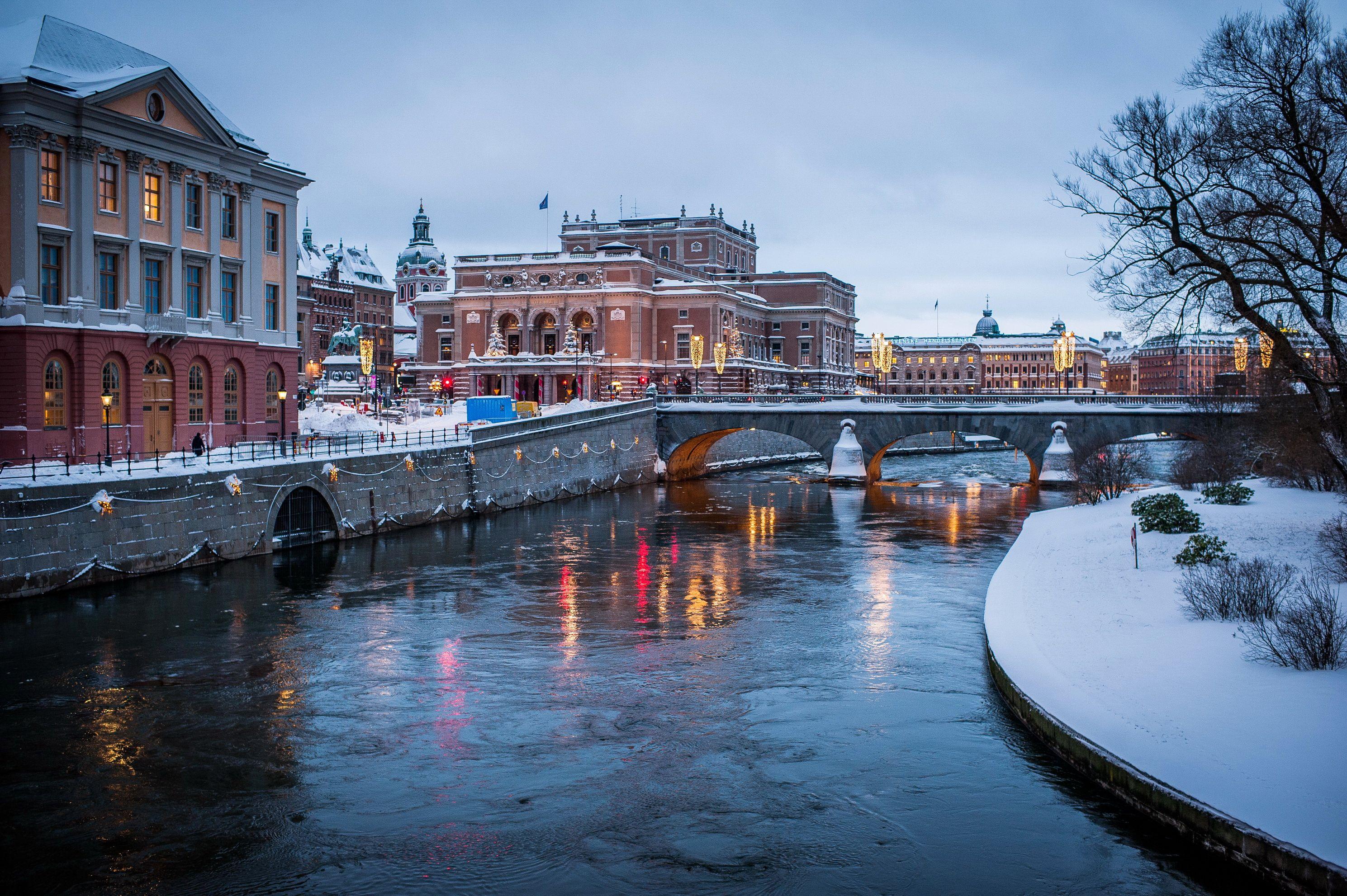 2978x1982 Image Stockholm Sweden Canal Winter Bridges river Cities 2978x1982