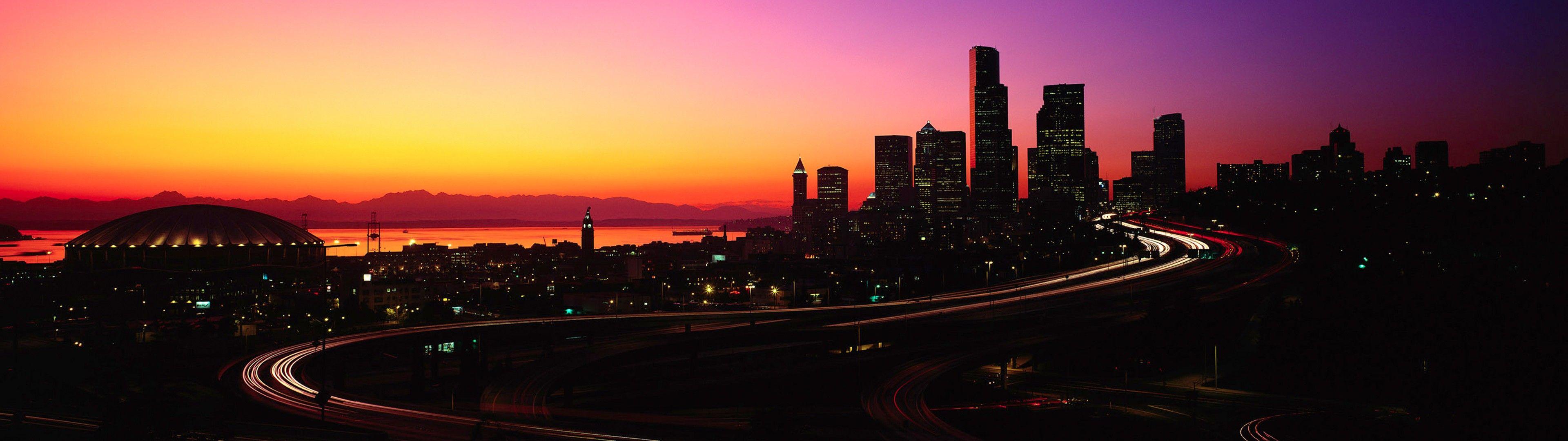 3840x1080 sunset, Seattle, dual screen, city, skyscraper wallpaper