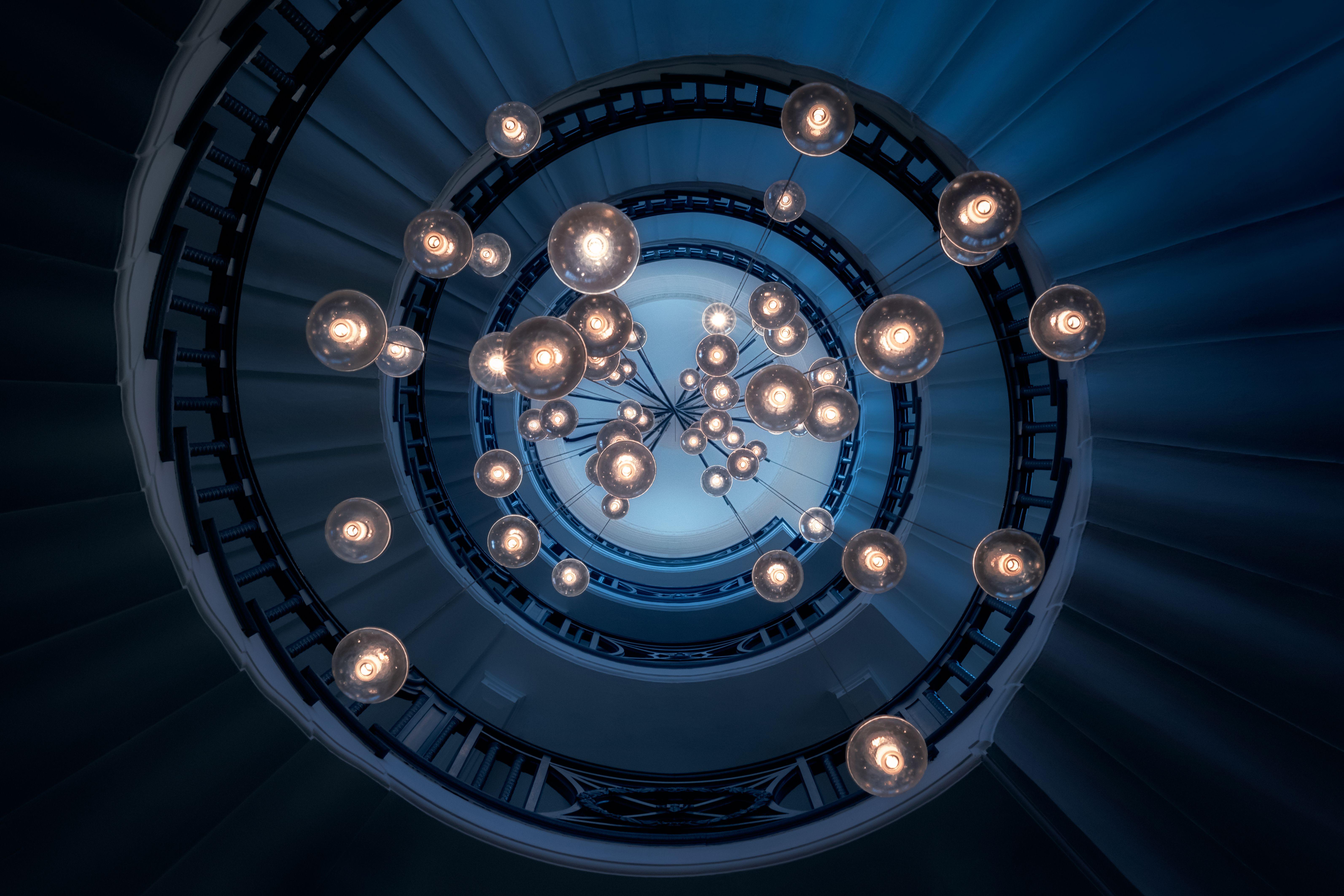 6374x4252 Spiral staircase Wallpaper 4K, Steps, Look up, Pattern, Lights, Interior, Blue, Photography
