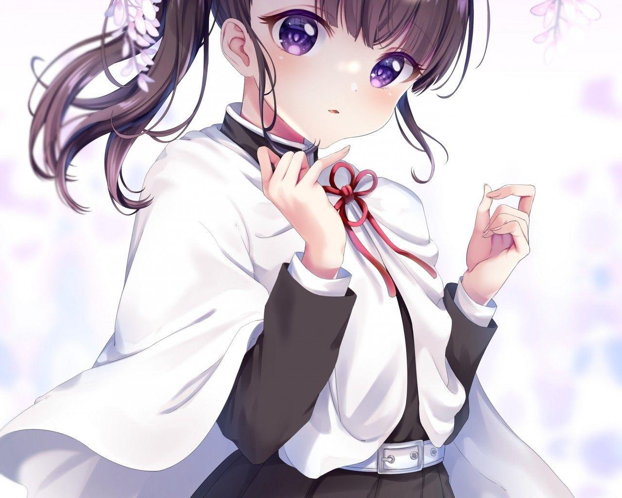 1280x1024 Download 1280x1024 Tsuyuri Kanao, Kimetso No Yaiba, Demon Slayer, Loli, Sakura Blossom, Brown Hair Wallpaper