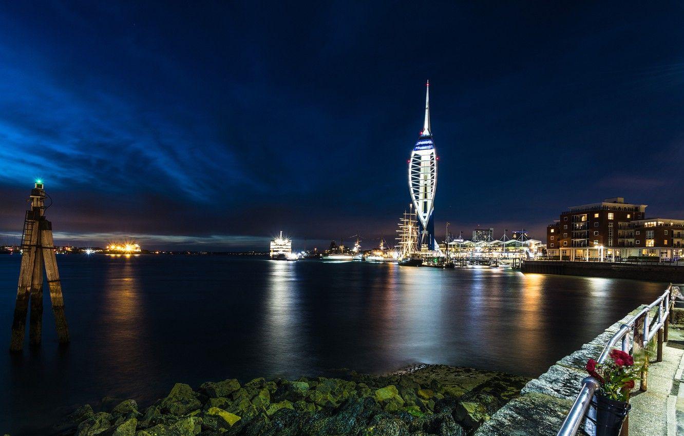 1332x850 Wallpaper the sky, clouds, night, lights, Strait, stones, England, building, home, ships, lights, promenade, piers, Portsmouth image for desktop, section город
