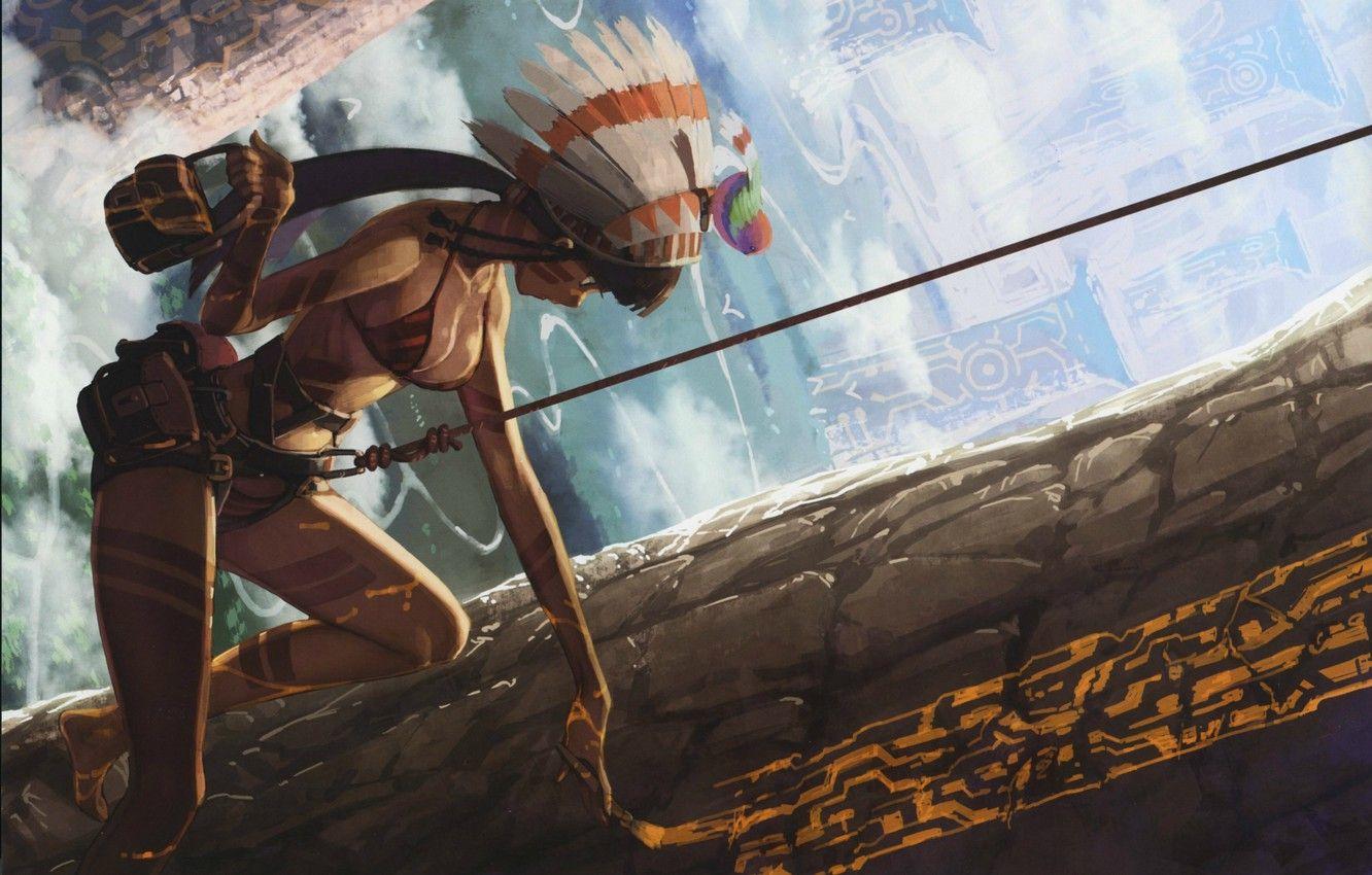 1332x850 Wallpaper graffiti, feathers, rope, columns, bikini, bird, brush, draws, aboriginal, hide, headdress Indian warrior, by Tatsuwo image for desktop, section сэйнэн
