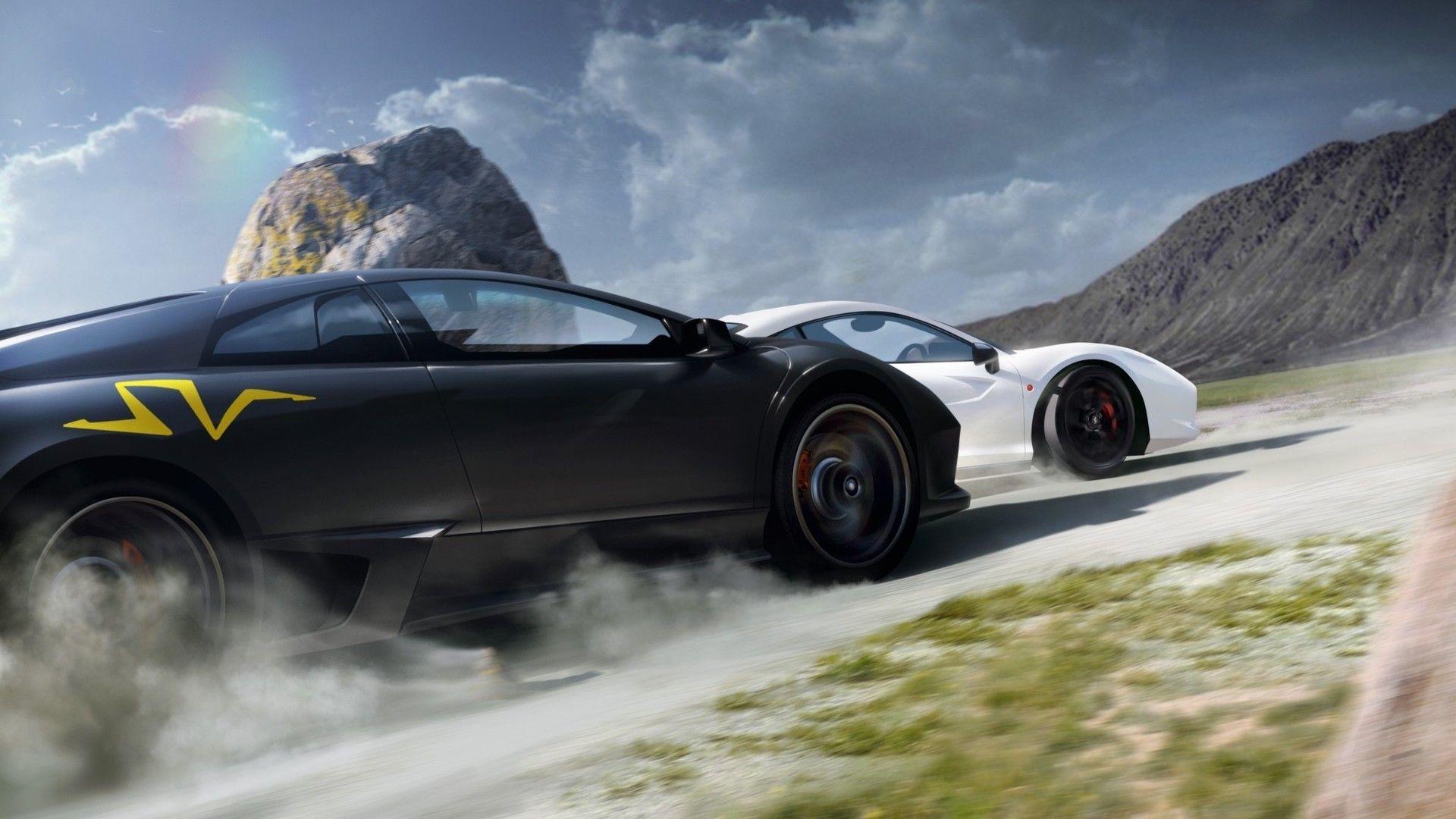 1920x1080 mountains, cars, smoke, Lamborghini, roads, vehicles, Ferrari 458 Italia, racing wallpaper