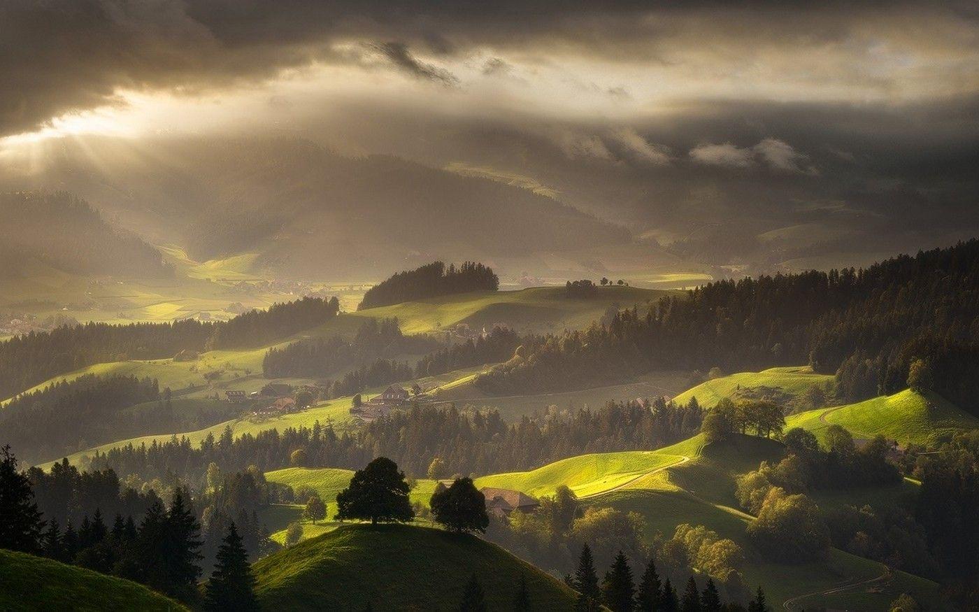 1400x875 Switzerland, Landscape, Forest, Mist, Nature, Mountain, Villages, Sun Rays, Clouds, Spring, Green Wallpaper HD / Desktop and Mobile Background