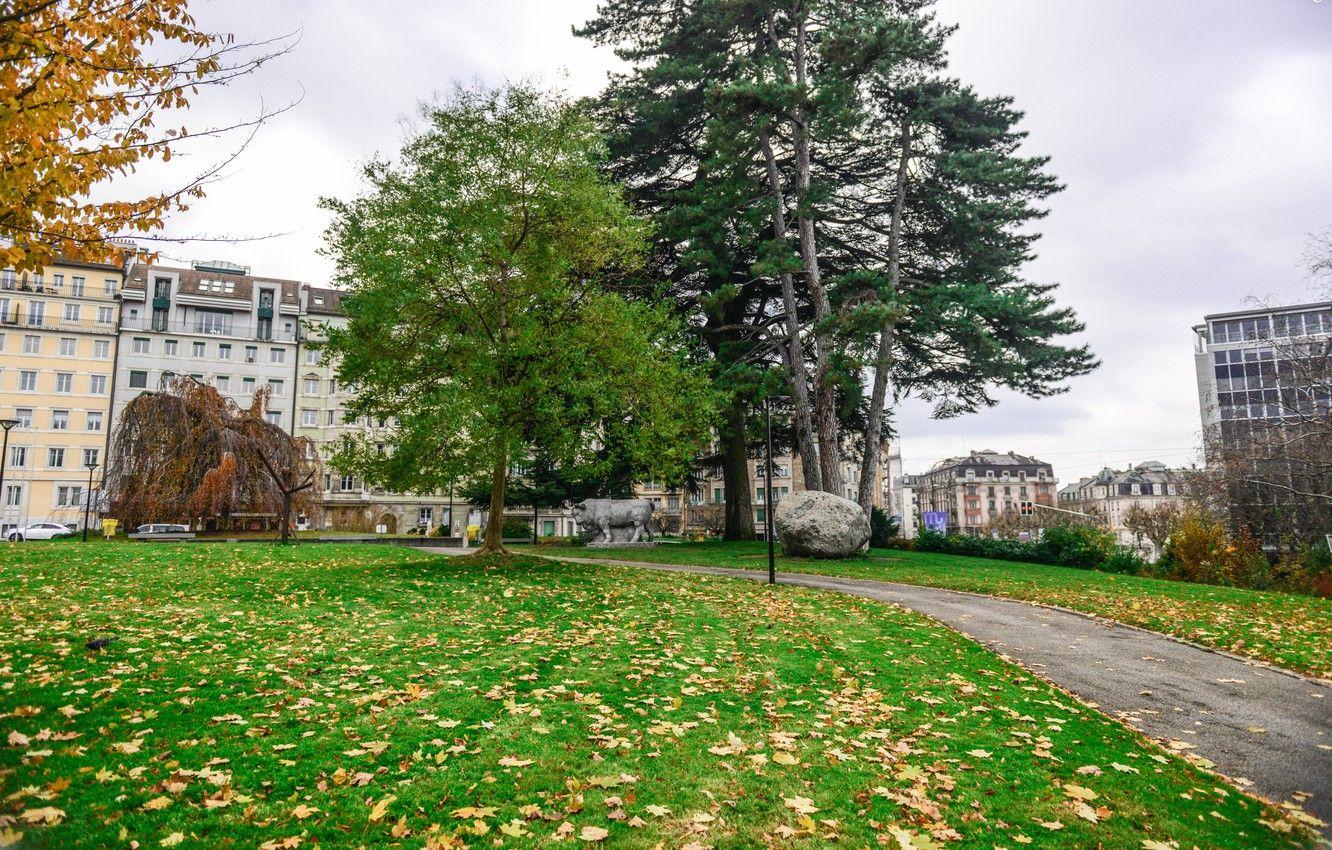 1332x850 Wallpaper autumn, trees, Park, building, Switzerland, track, falling leaves, trees, park, autumn, leaves, path, fall, Geneva image for desktop, section город