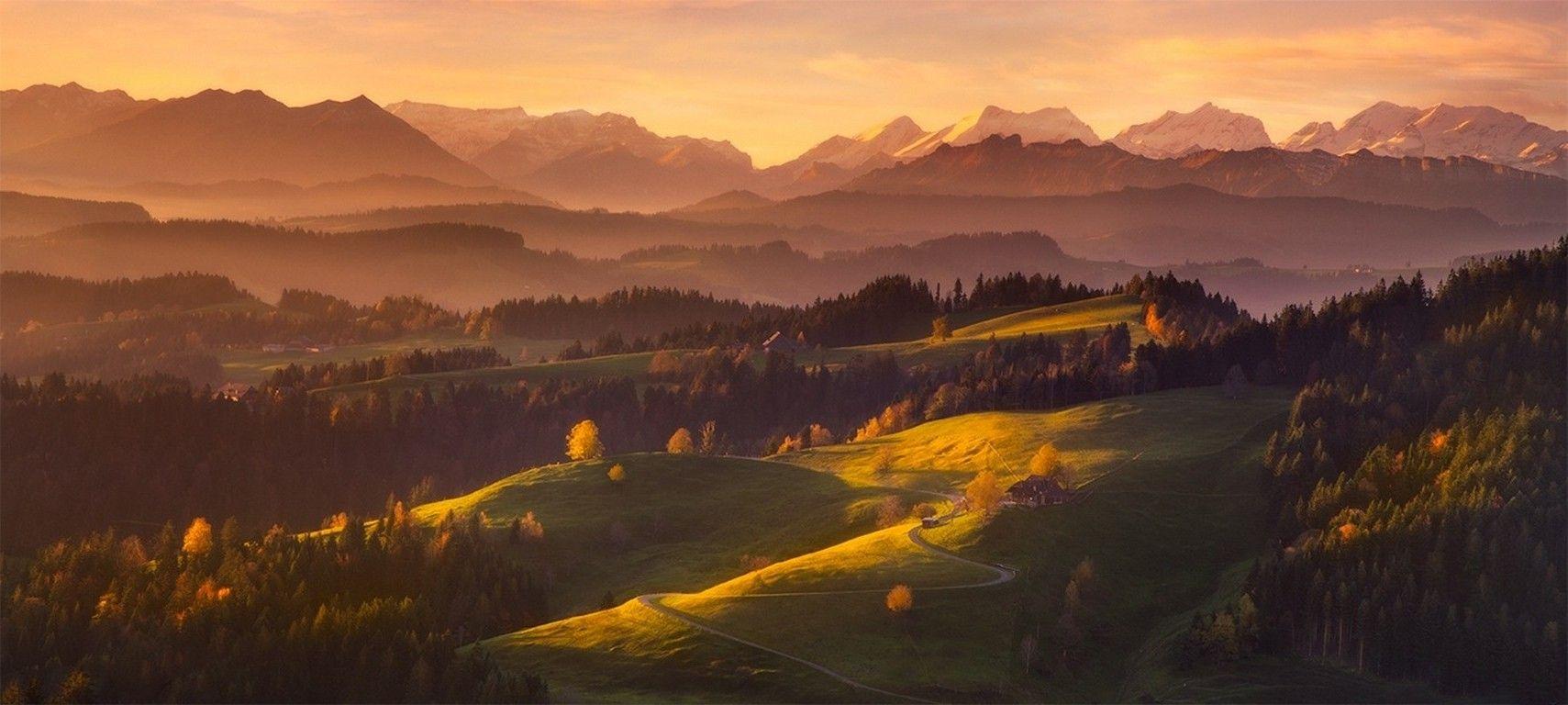 1709x768 morning, Mountain, Forest, Switzerland, Sunrise, Mist, Villages, Snowy Peak, Grass, Panoramas, Landscape, Nature Wallpaper HD / Desktop and Mobile Background