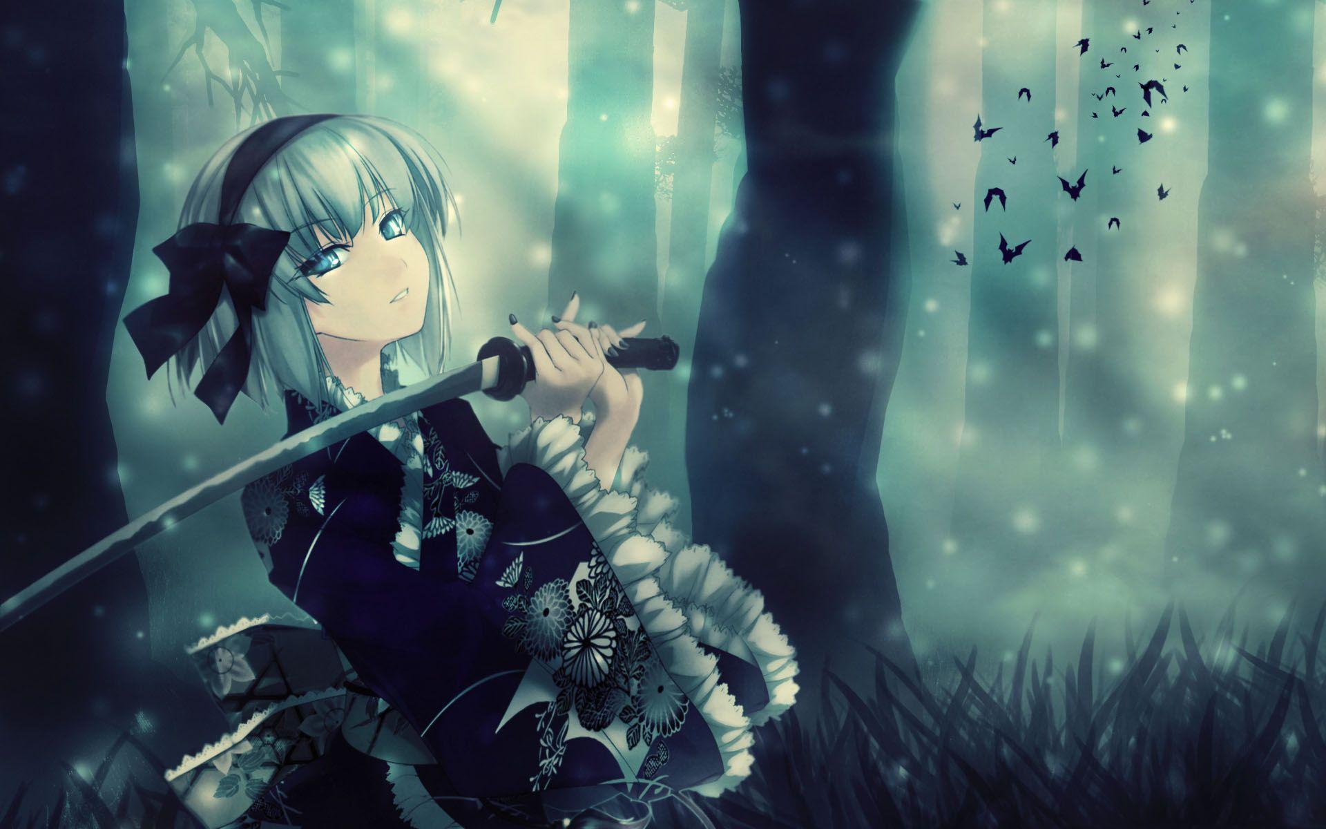 1920x1200 Anime Girls Blue Eyes Hair Forest Katana Kimono Short Swords