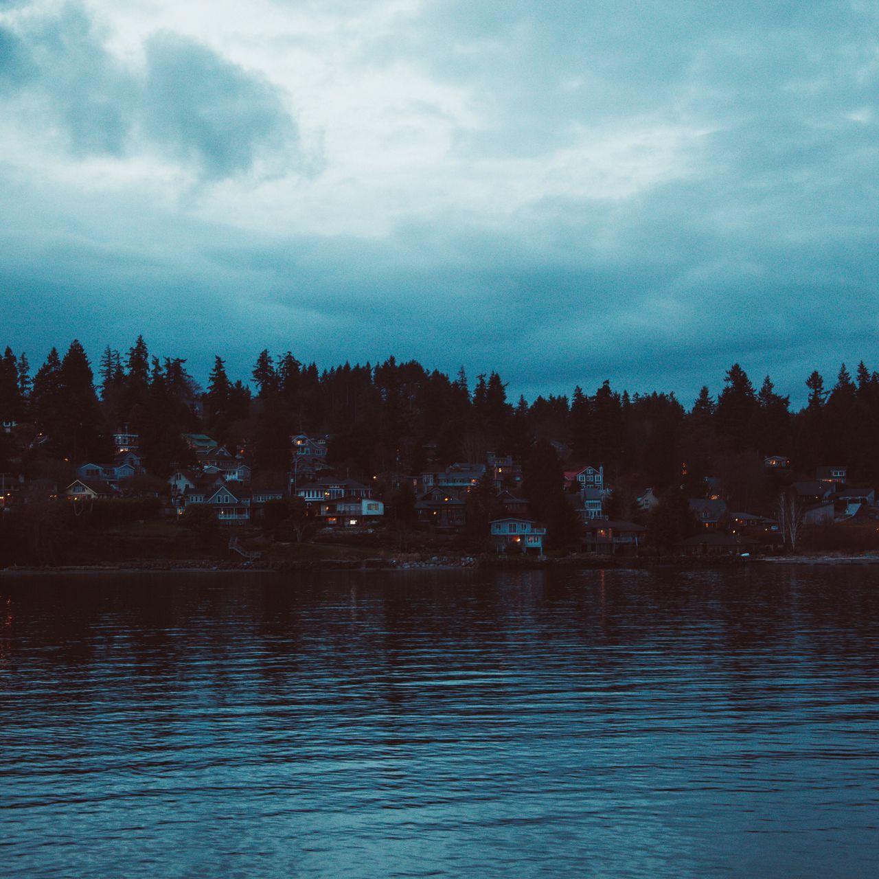 1280x1280 Download wallpaper 1280x1280 shore, river, home, village, twilight, sunset, sky ipad, ipad ipad mini for parallax HD background