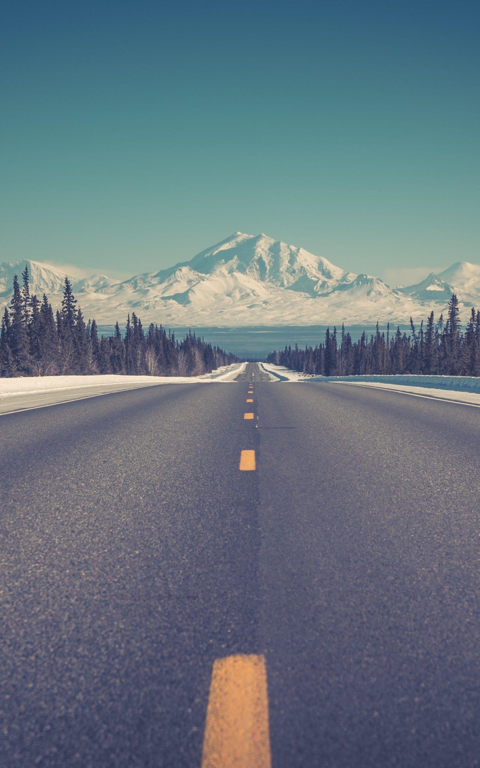 1600x2560 Download 1600x2560 Long Road, Trees, Mountain, Snow, Winter Wallpaper for Google Nexus 10