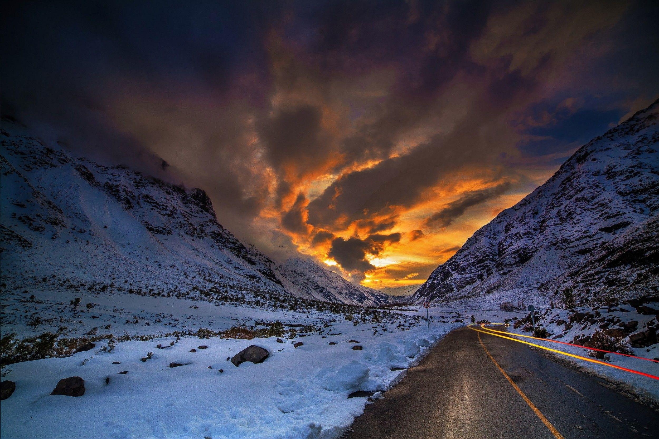 2500x1668 nature, Landscape, Road, Mountain, Sunset, Winter, Snow, Clouds, Sky, Chile Wallpaper HD / Desktop and Mobile Background