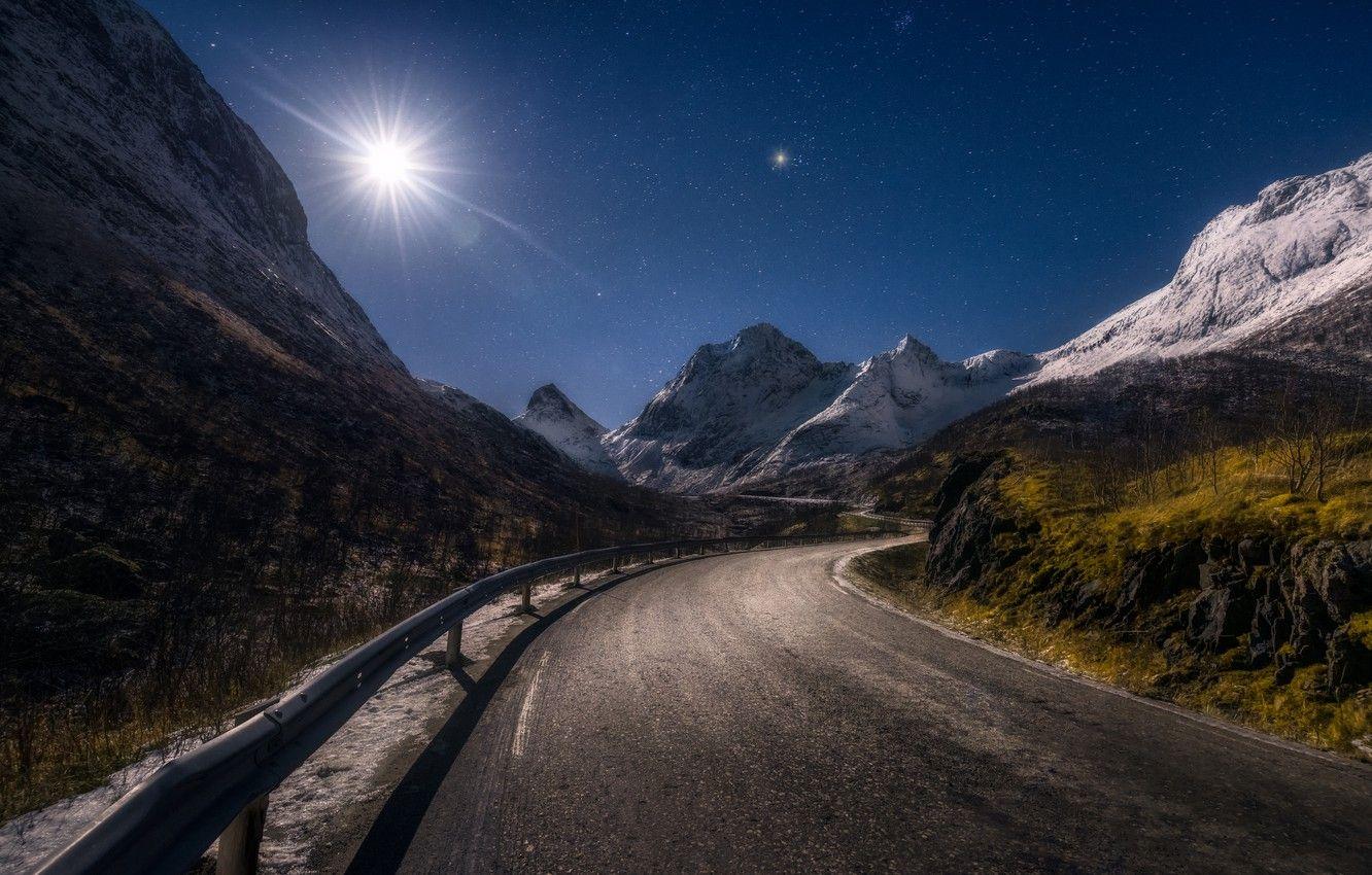 1332x850 Wallpaper winter, road, autumn, stars, rays, light, snow, mountains, night, tops, the evening, highway, twilight, slopes. image for desktop, section пейзажи
