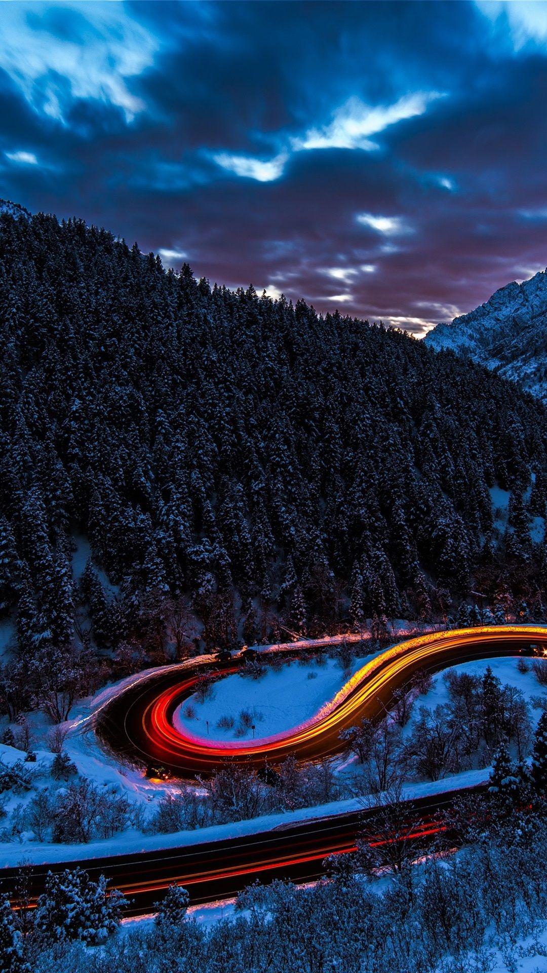 1080x1920 Wallpaper Mountains, forest, snow, road, light, car, winter, dusk 3840x2160 UHD 4K Picture, Image