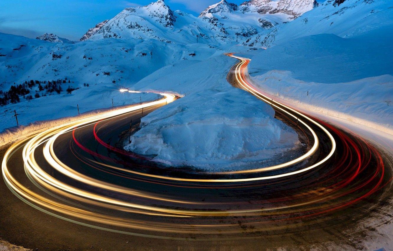 1332x850 Wallpaper road, photography, landscape, nature, night, winter, snow, Mountains, long exposure, light trails image for desktop, section пейзажи