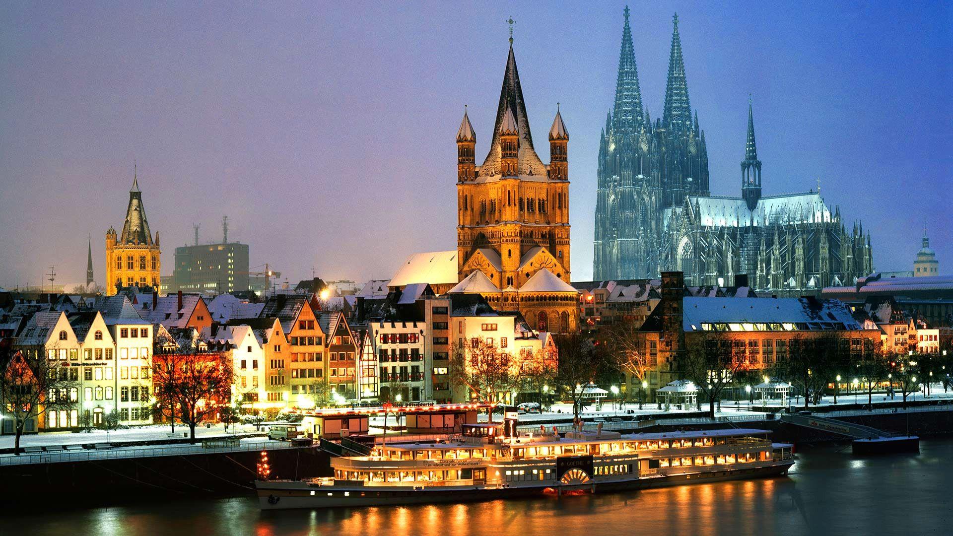 1920x1080 Wallpaper Germany, Cologne, Cathedral, boat, night, lights 1920x1080 Full HD 2K Picture, Image