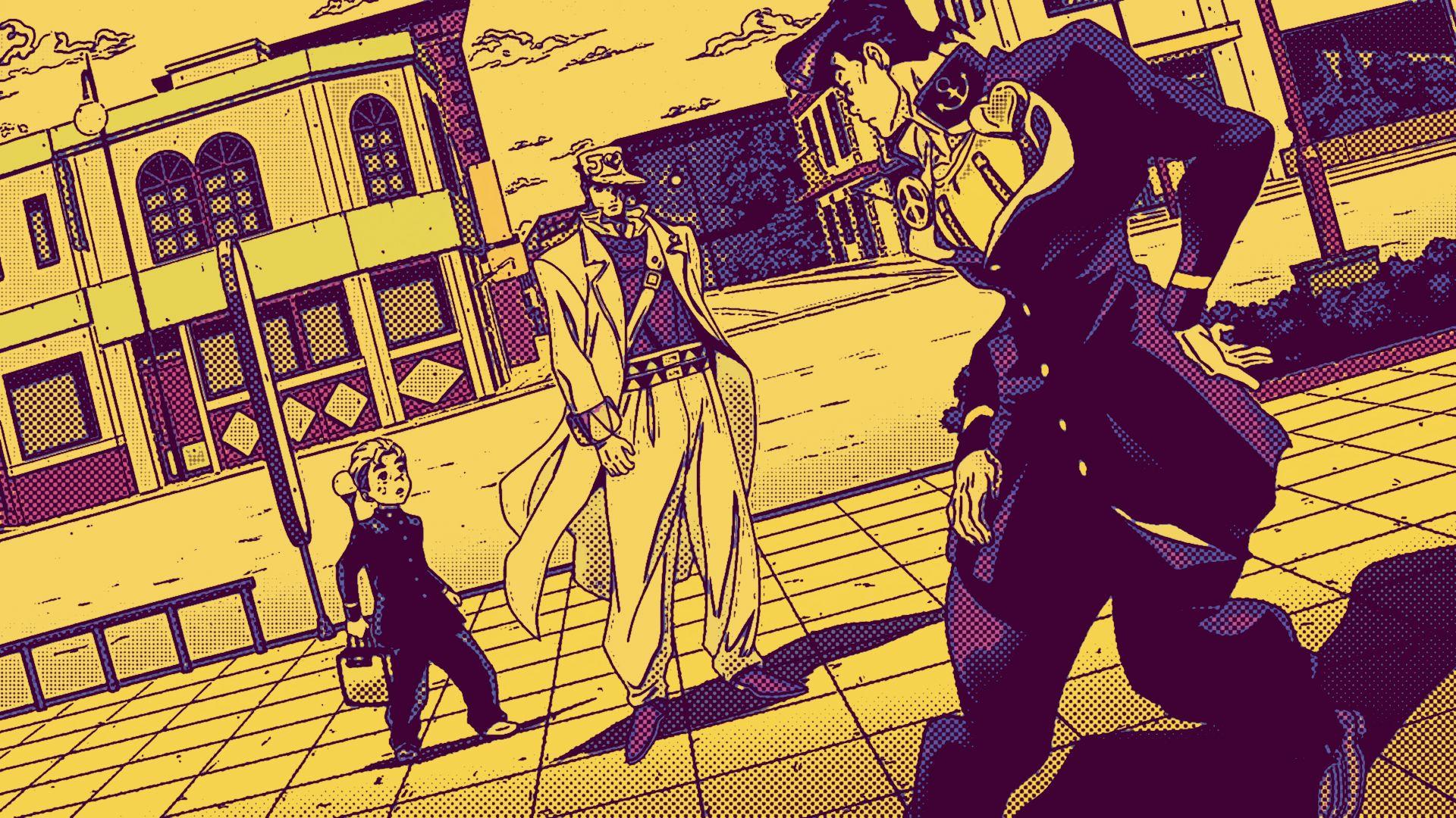 1920x1080 Jojo Josuke Higashikata Jotaro Kujo Koichi Hirose On Street With Background Of Some Homes HD Anime Wallpaper