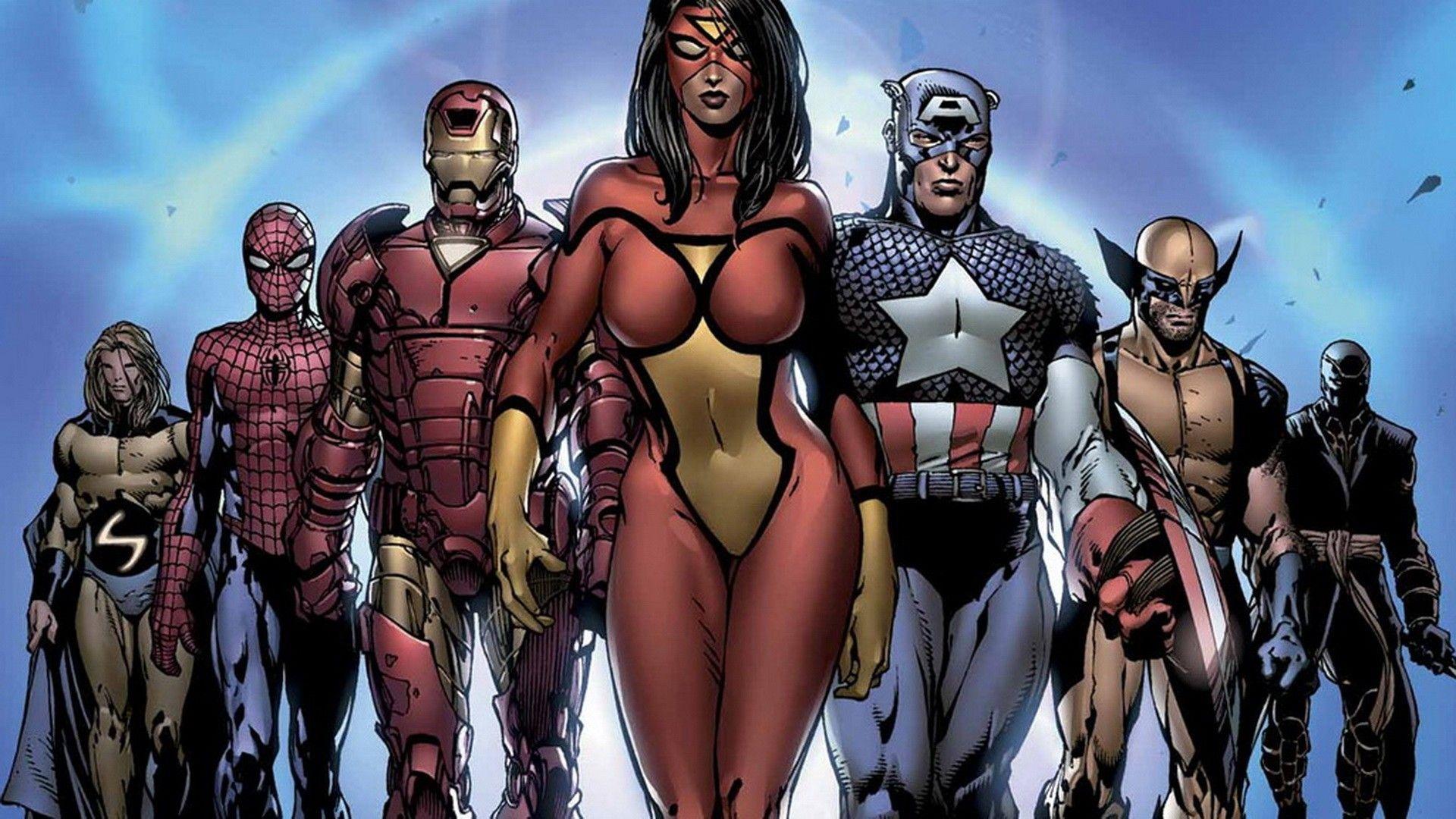 1920x1080 Comics Spider Man Iron Man Captain America Wolverine Ronin Spider Woman Frontal View Wallpaper:1920x1080