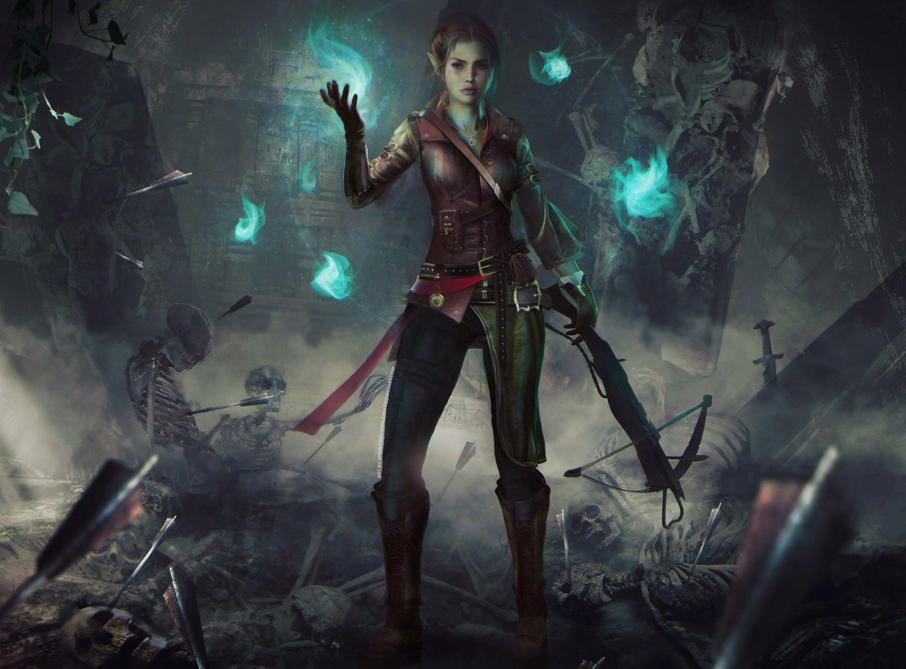 3000x2216 Download 3000x2216 Elf Girl, Skulls, Crossbow, Underground, Magic, Skeleton Wallpaper