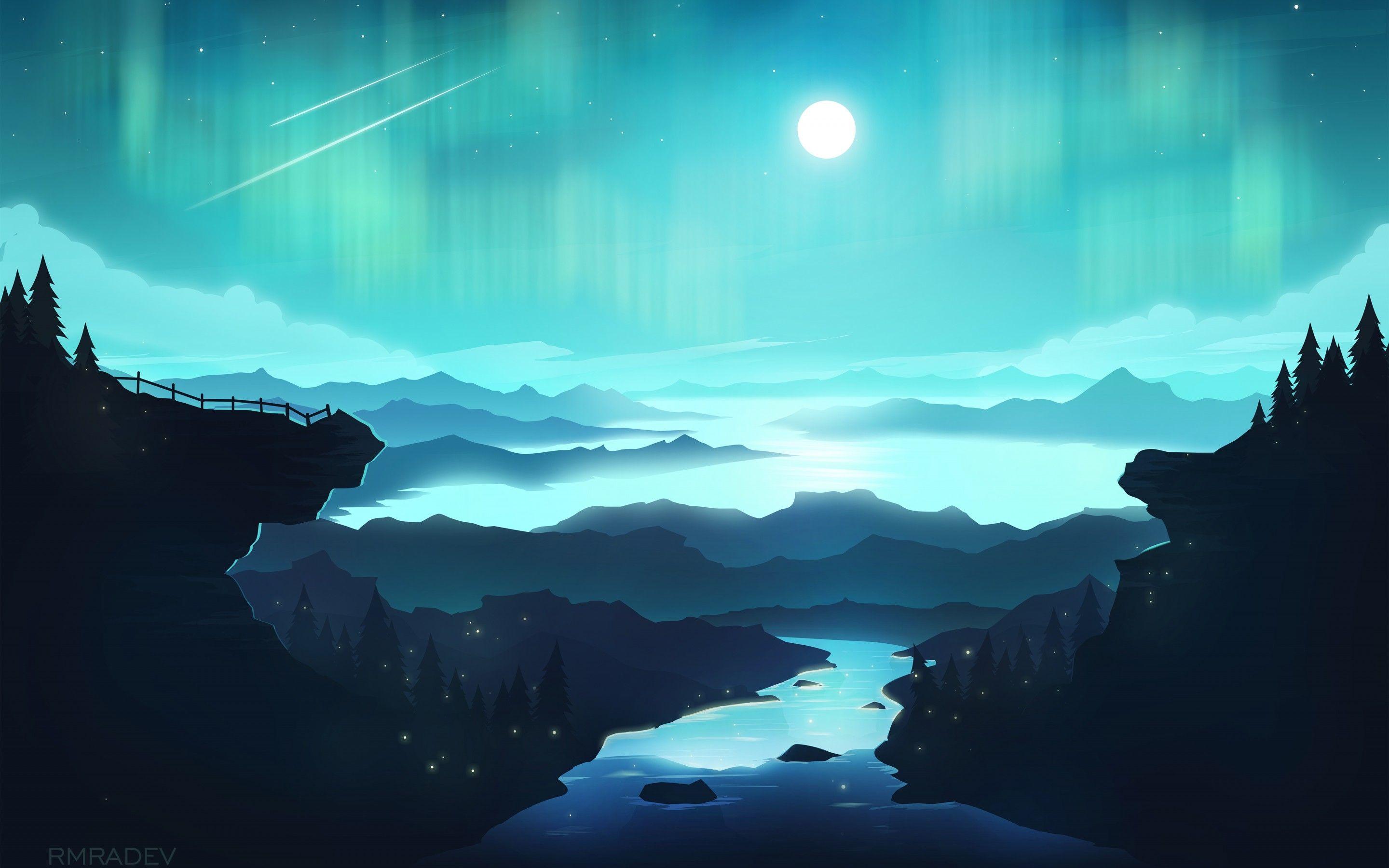 2880x1800 Moon 4K Wallpaper, River, Mountains, Gradient background, Blue, Night, Cold, Nature